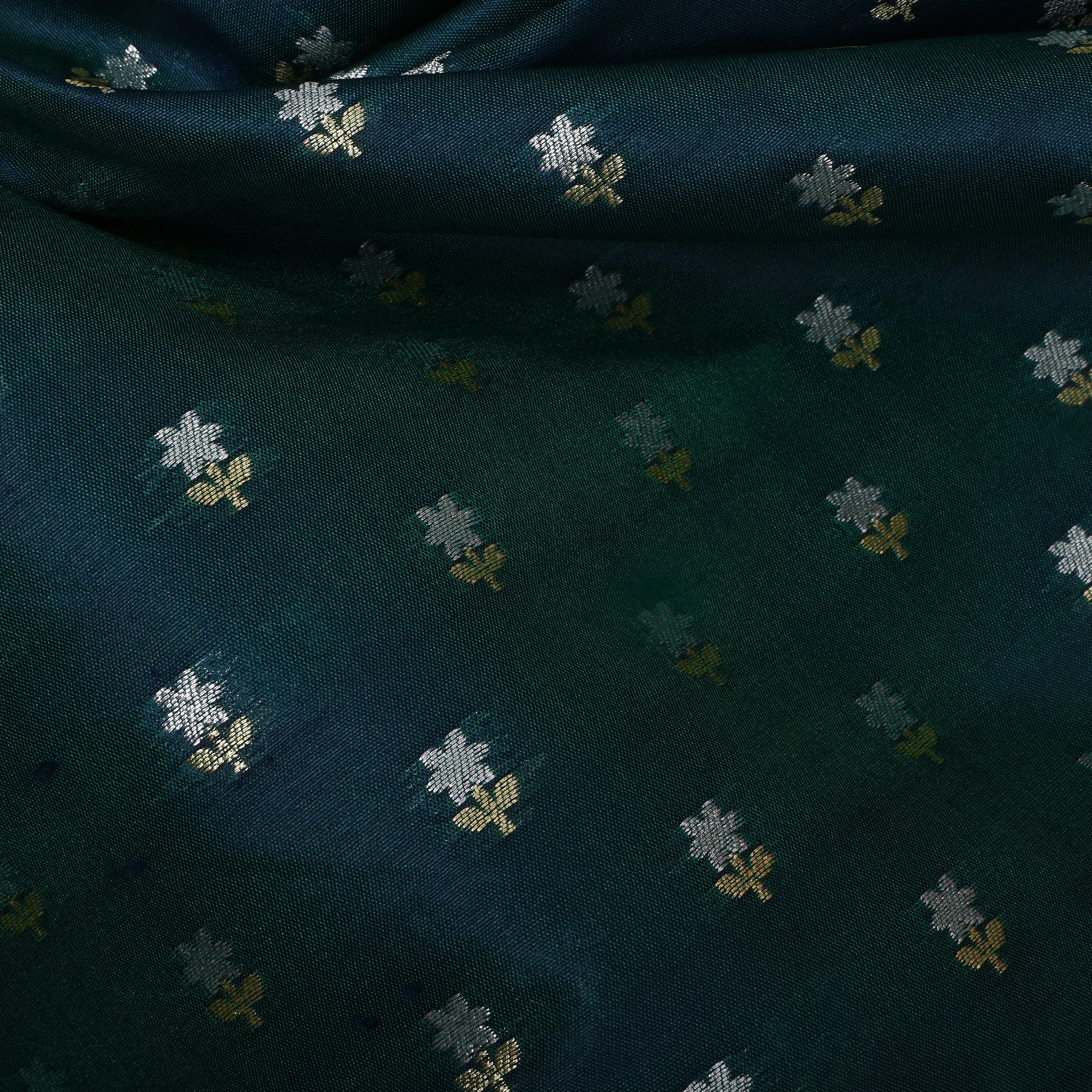 Teal Blue Floral Jamawar Silk Fabric