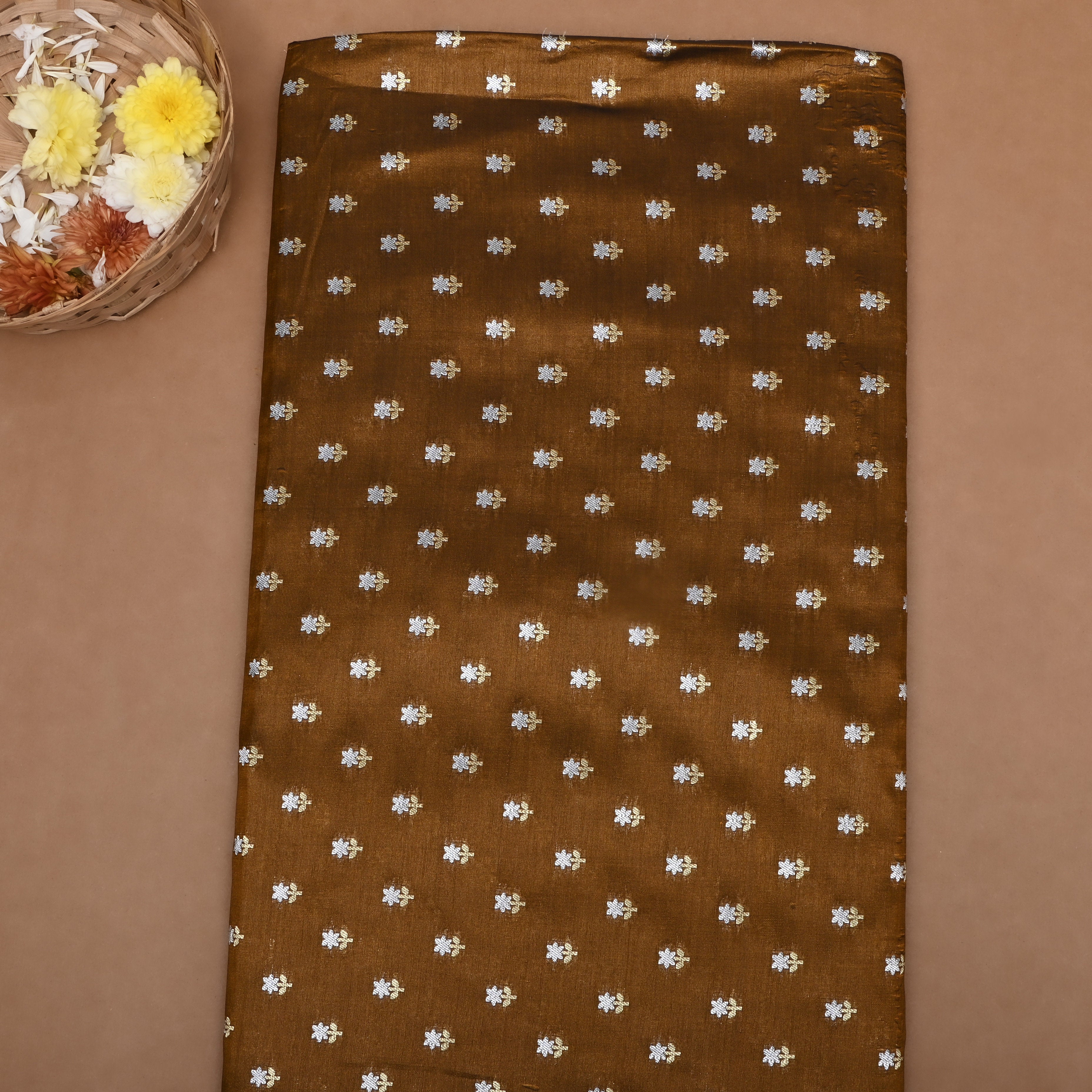 Earthy Brown Floral Jamawar Silk Fabric