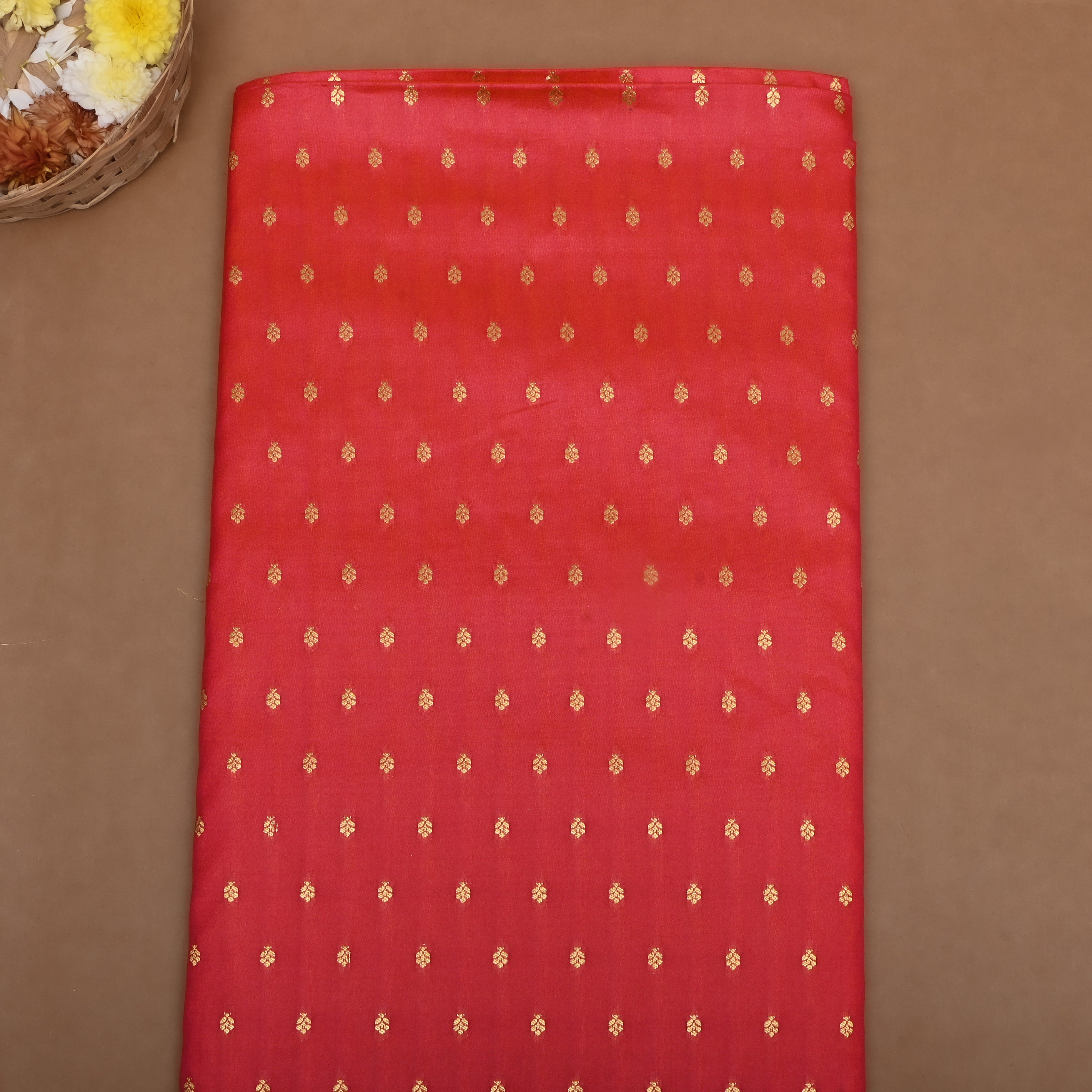 Bright Red With Golden Zari Buttis On Jamawar Silk Fabric