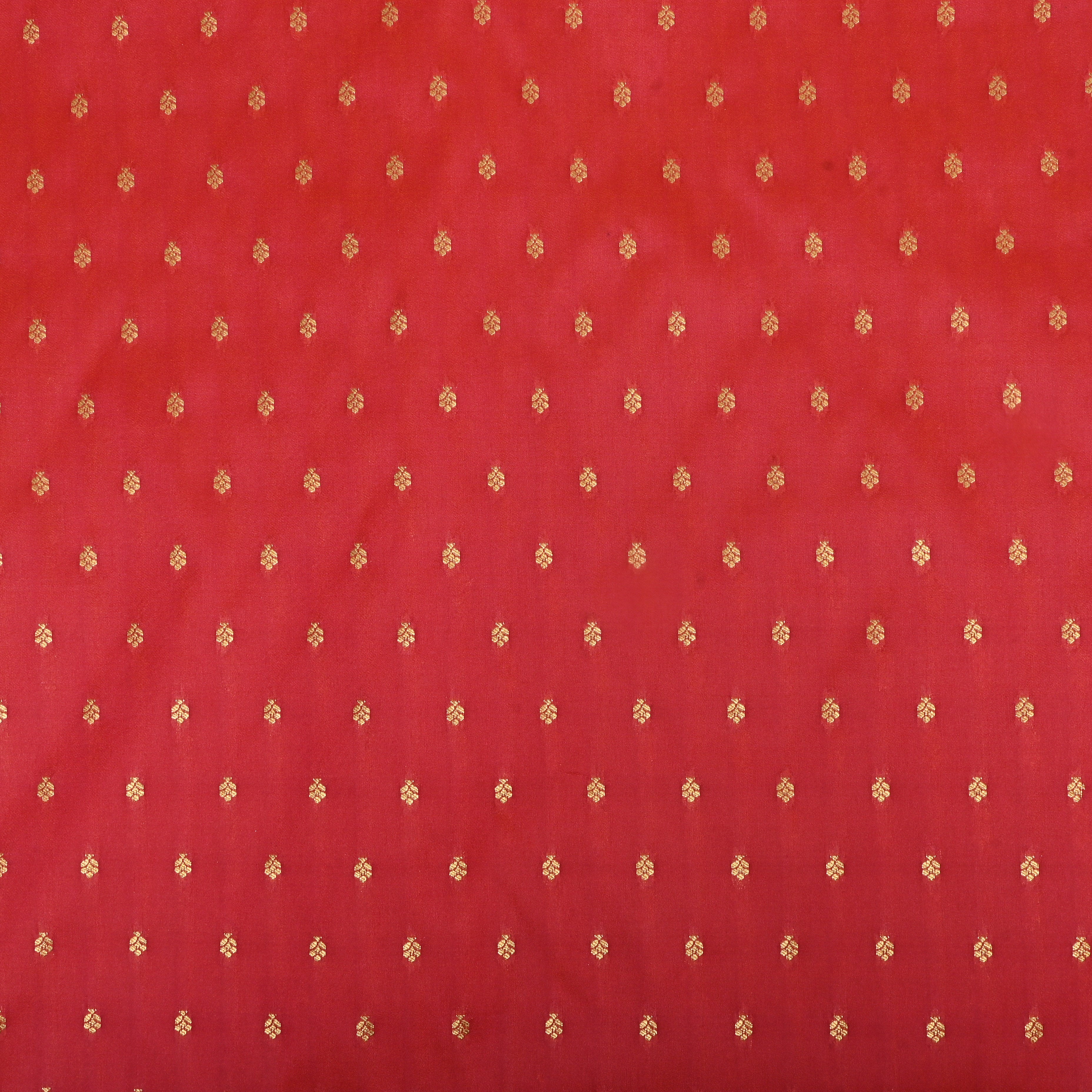 Bright Red With Golden Zari Buttis On Jamawar Silk Fabric