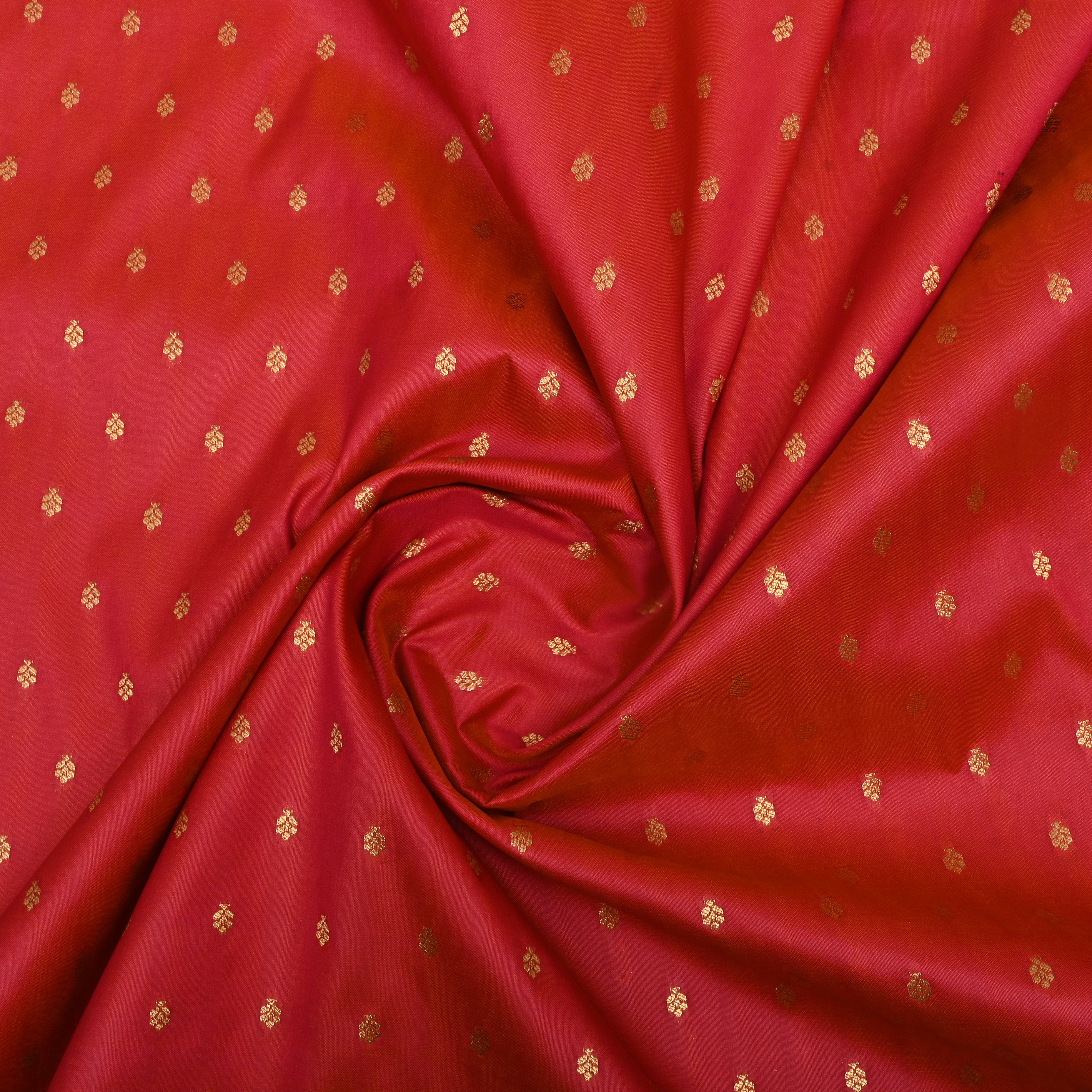 Bright Red With Golden Zari Buttis On Jamawar Silk Fabric