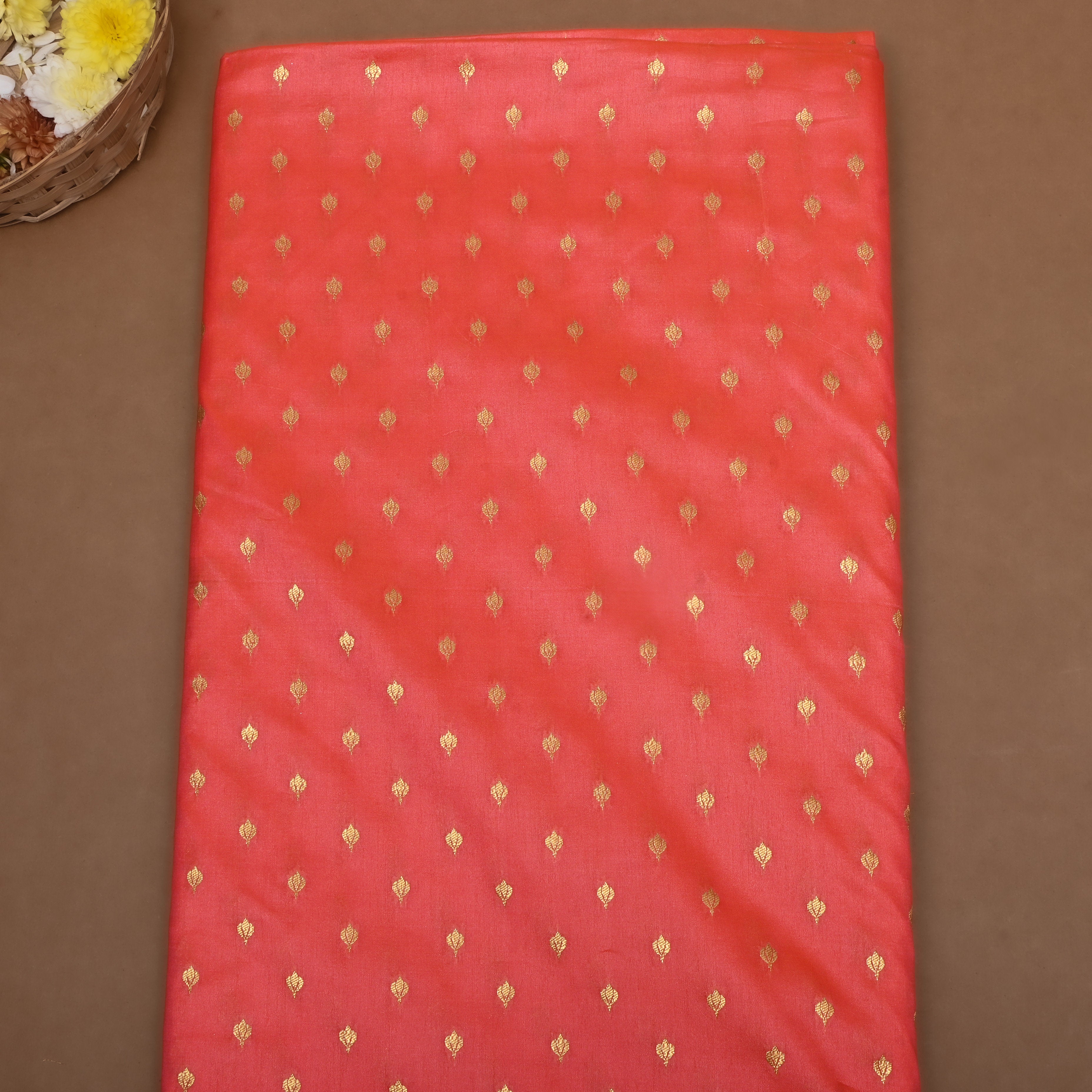 Coral Zari Woven Silk Fabric