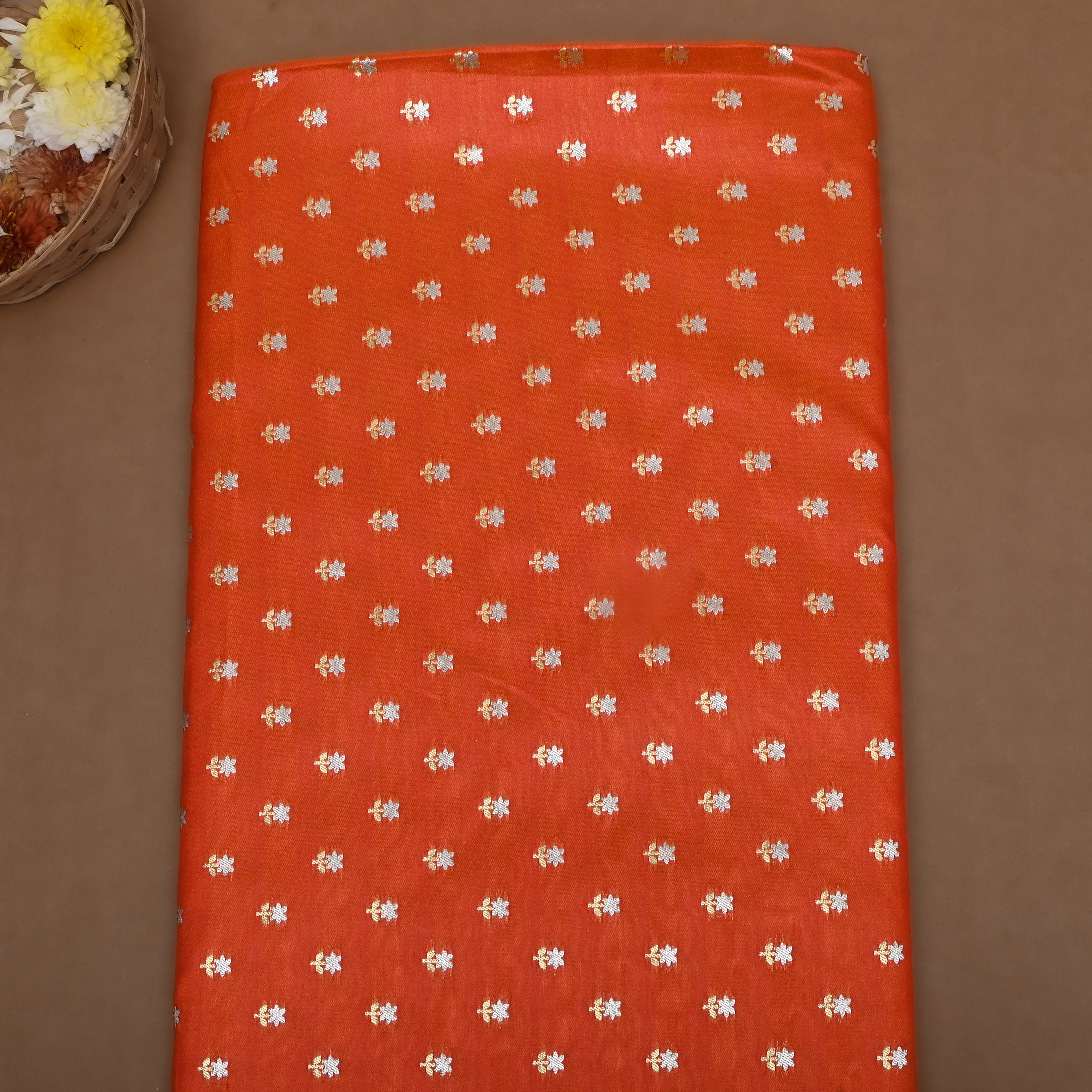 Bright Orange Floral Jamawar Silk Fabric