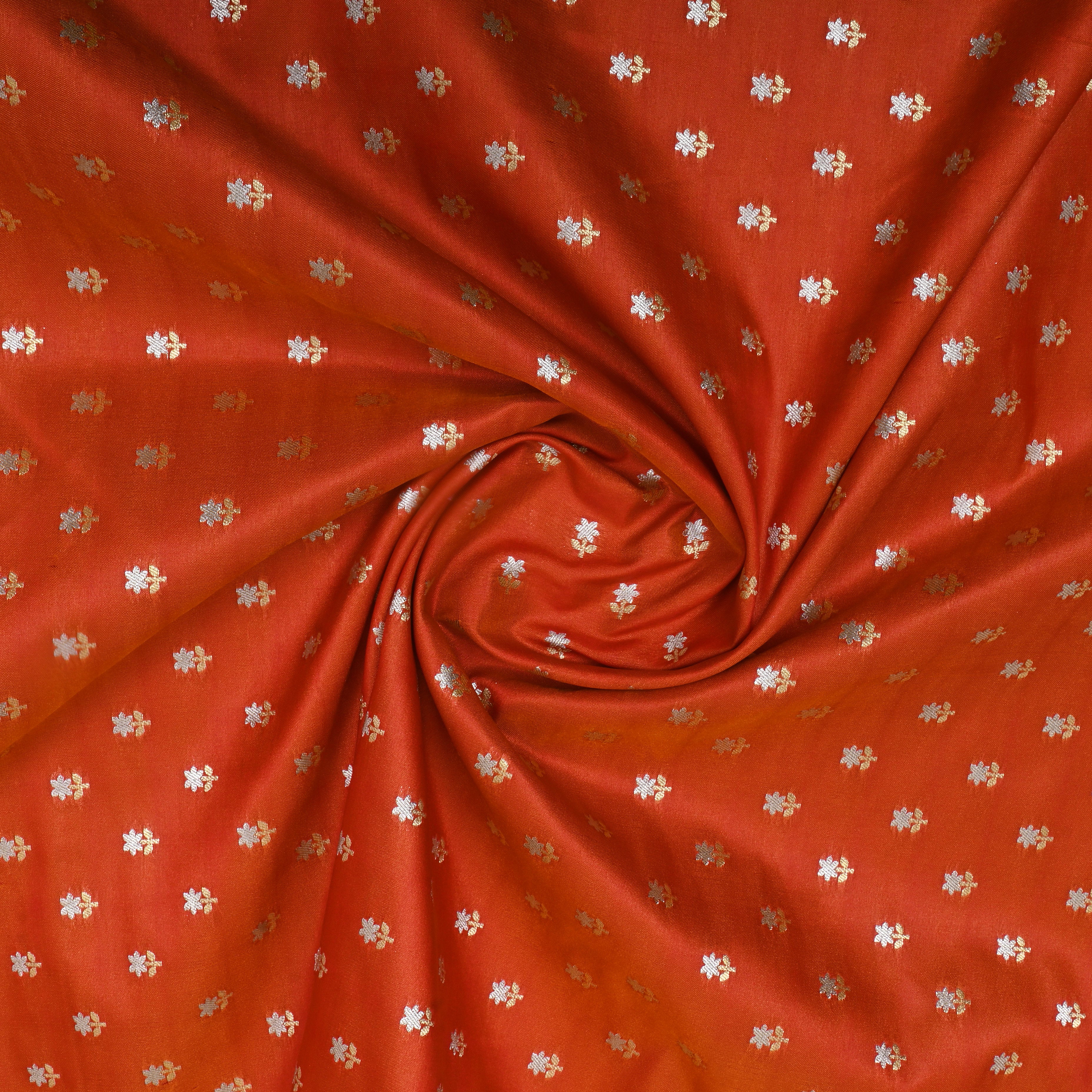 Bright Orange Floral Jamawar Silk Fabric