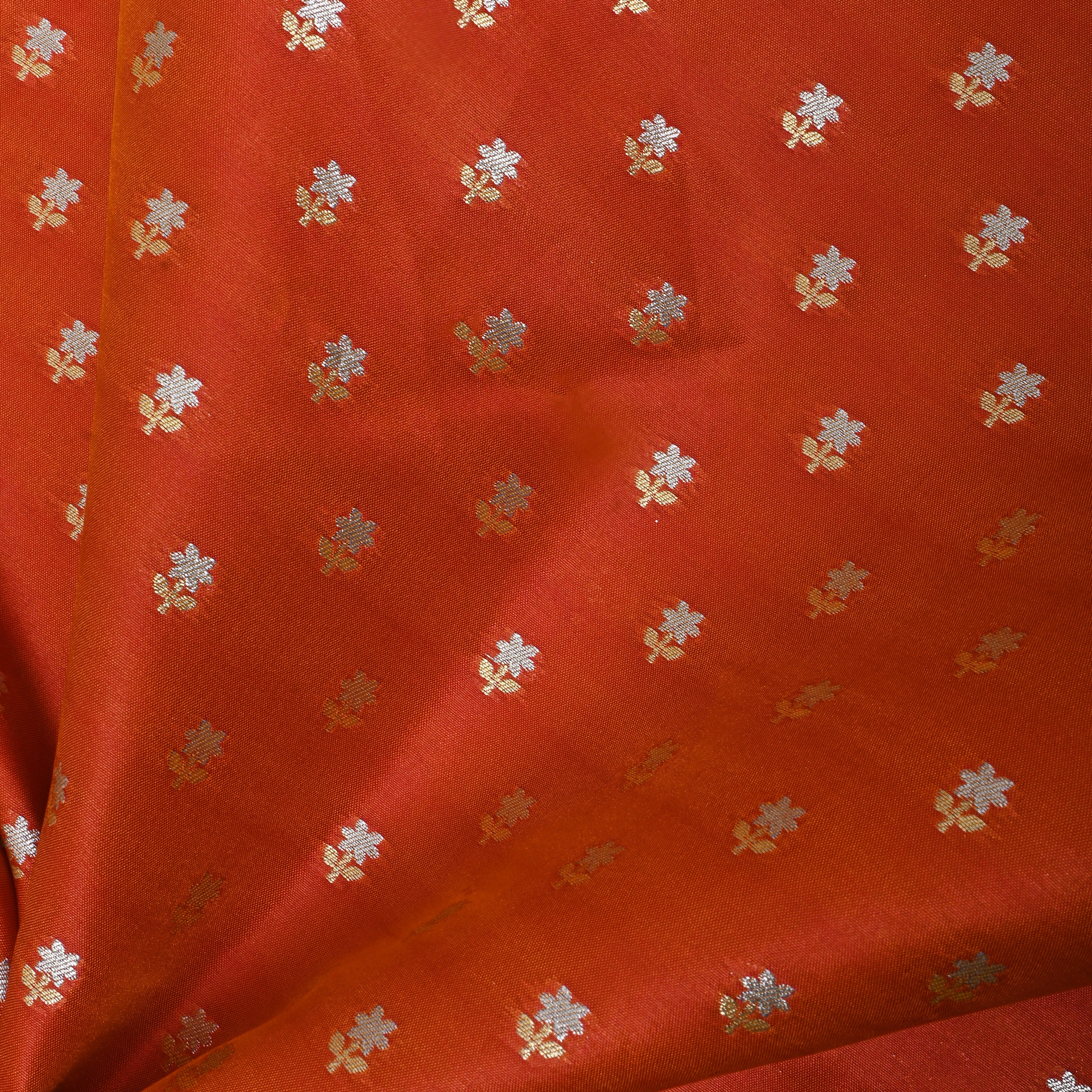 Bright Orange Floral Jamawar Silk Fabric
