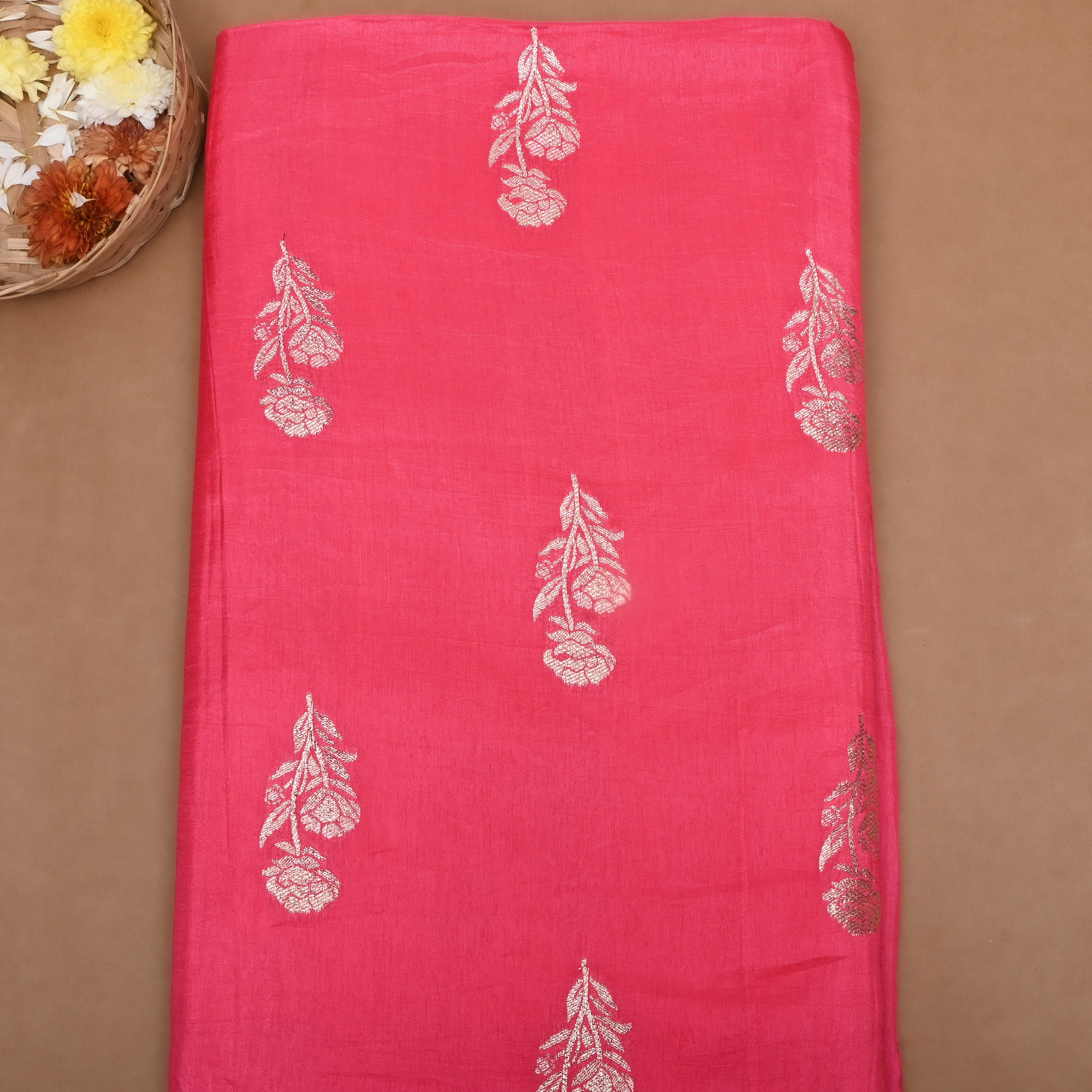 Peach Pink Zari Woven Silk Fabric
