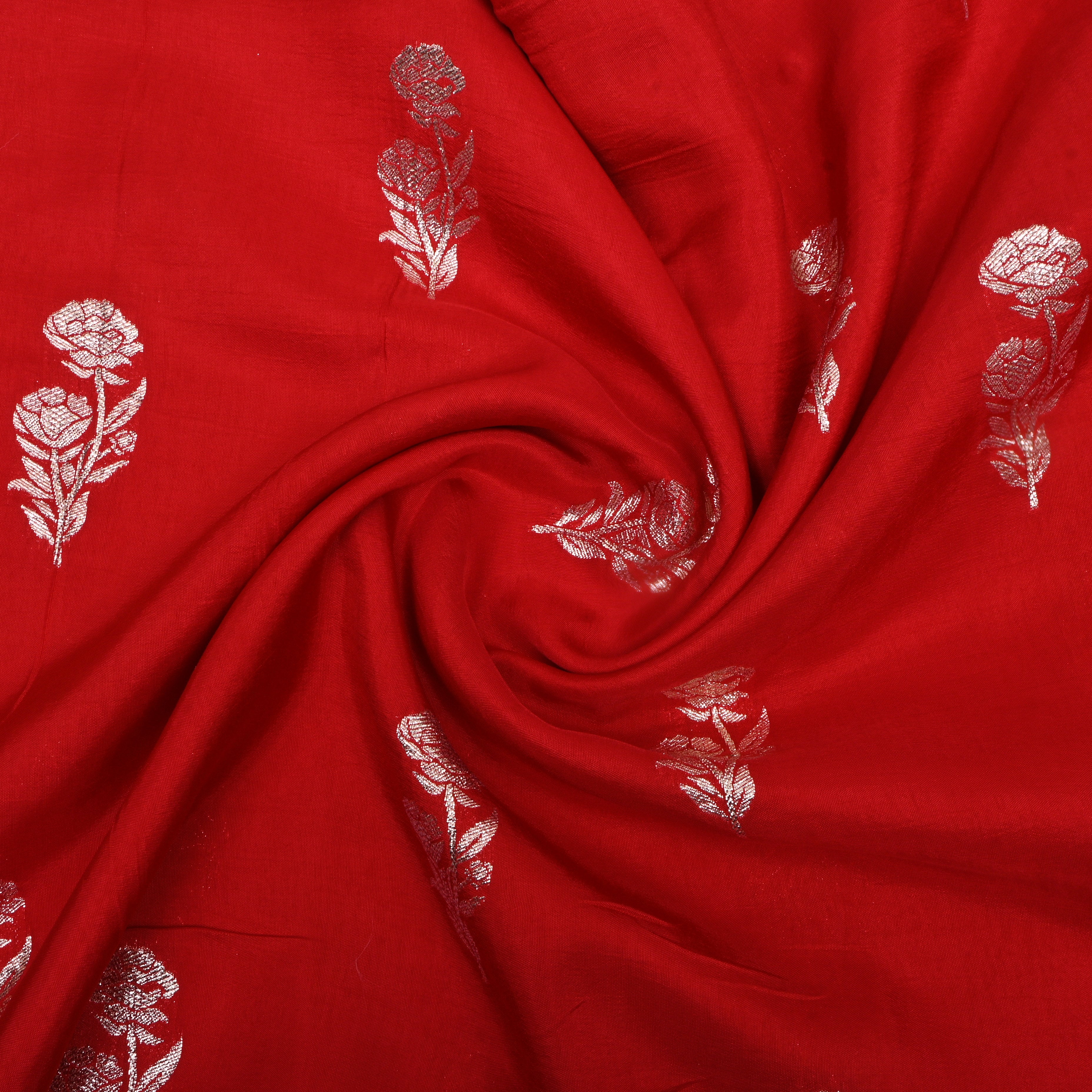 Water Melon Red Zari Floral Weave Silk Fabric