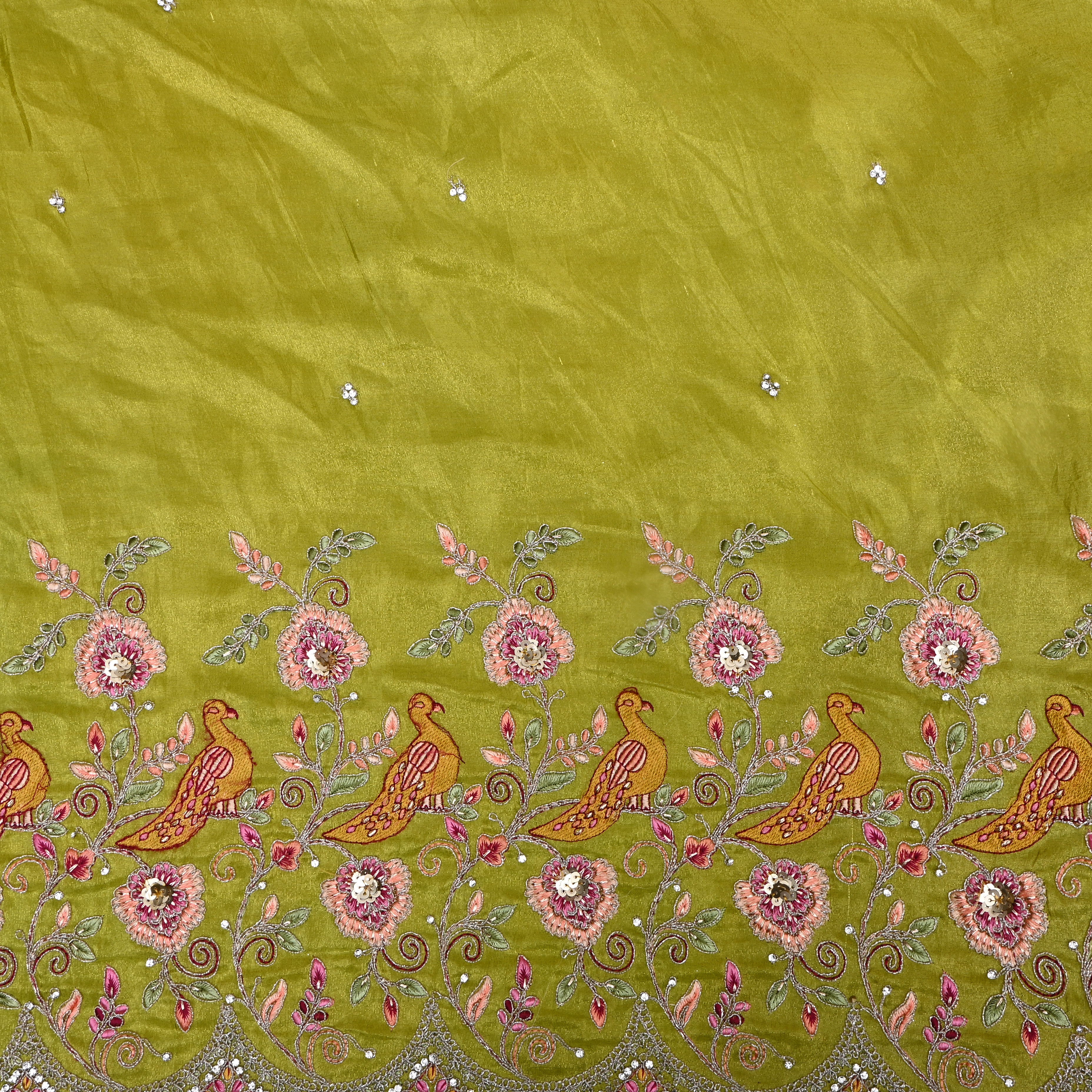 Lime Green Thread Embroidered Tissue Fabric