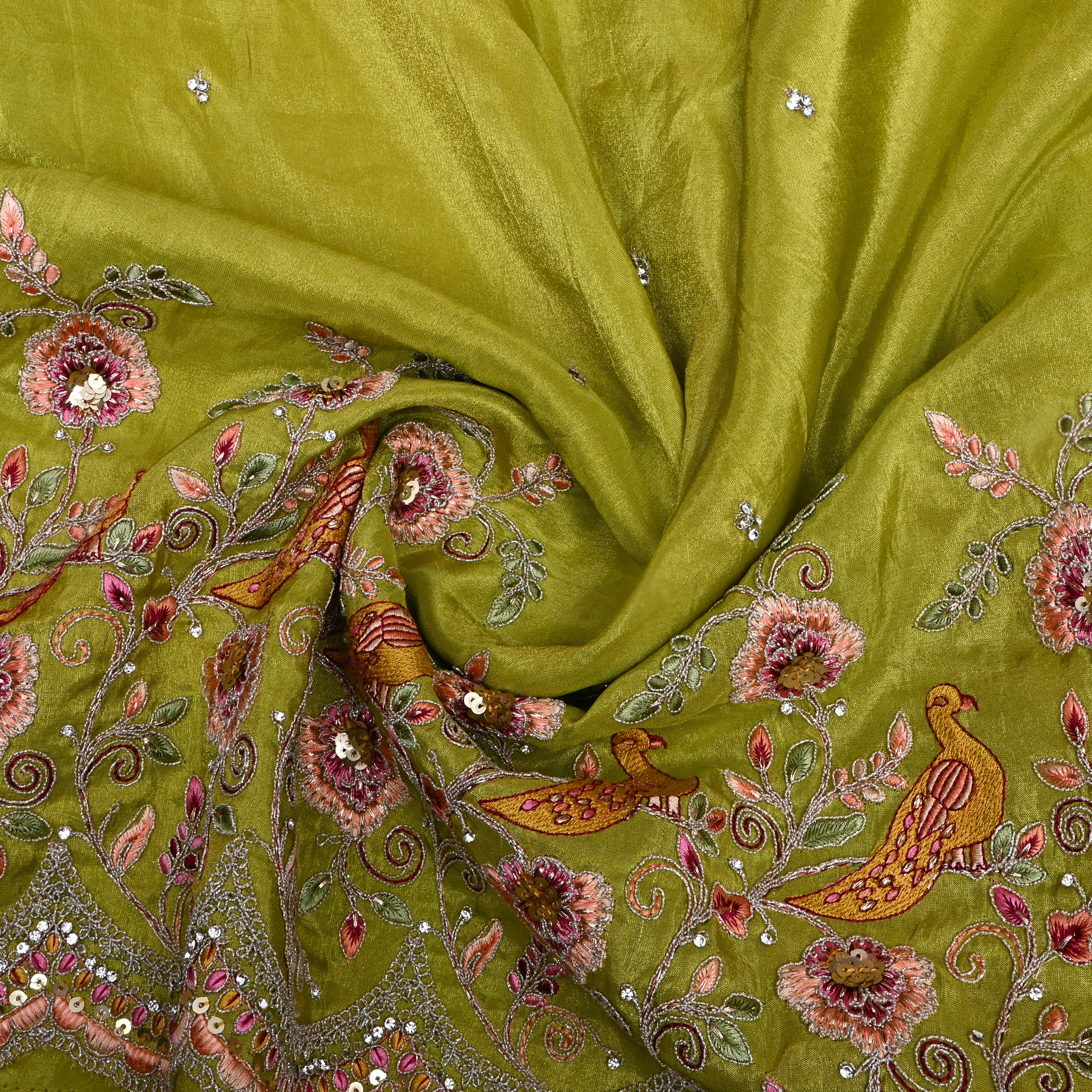 Lime Green Thread Embroidered Tissue Fabric