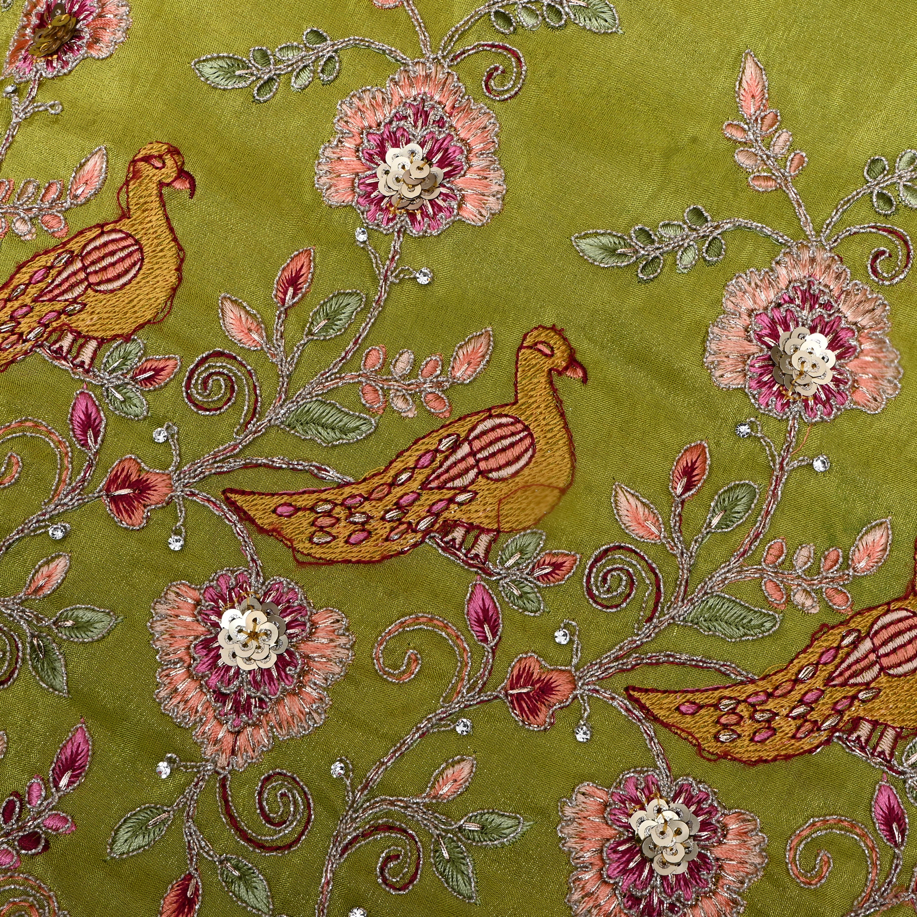 Lime Green Thread Embroidered Tissue Fabric