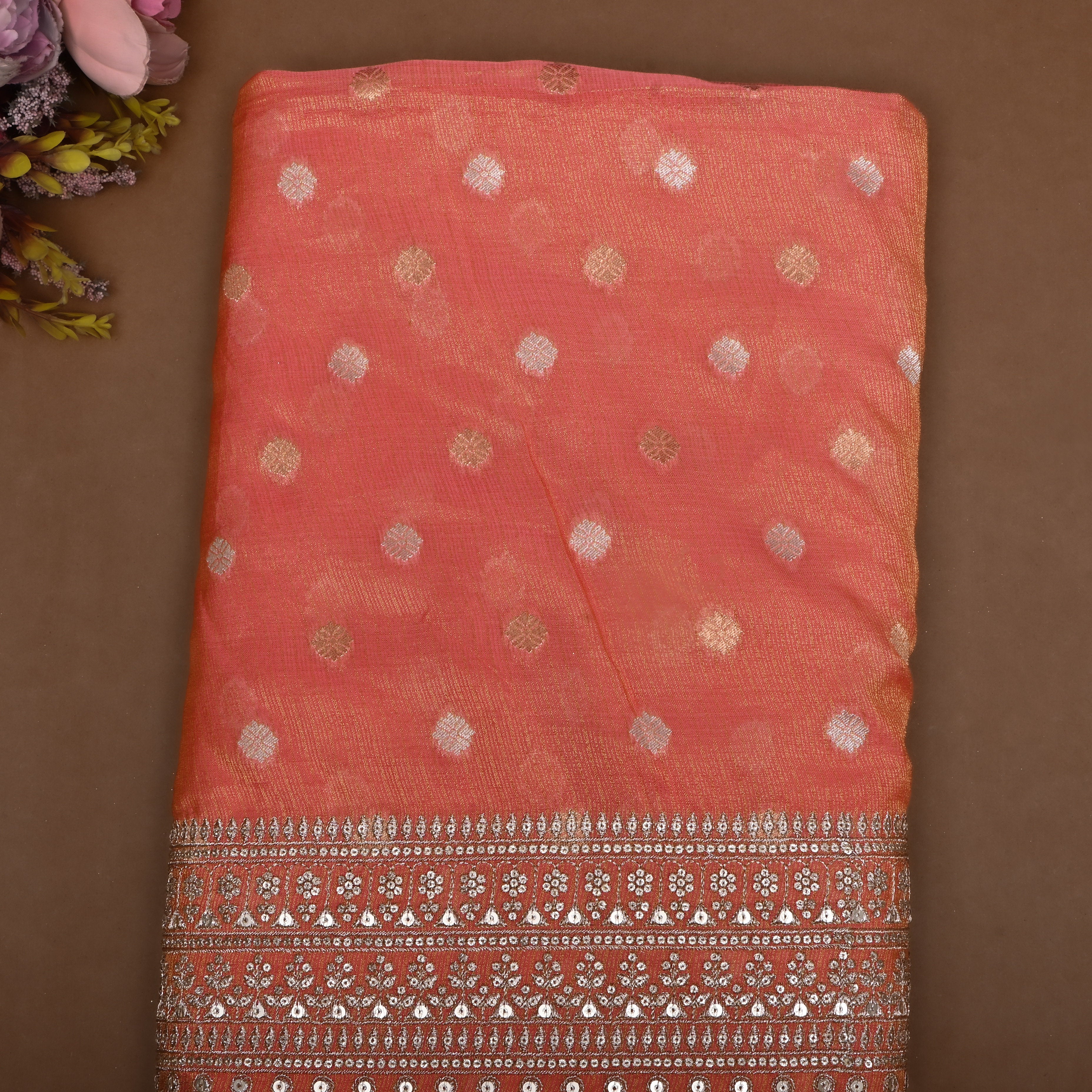 Orangish Pink Zari Weave Tissue Fabric