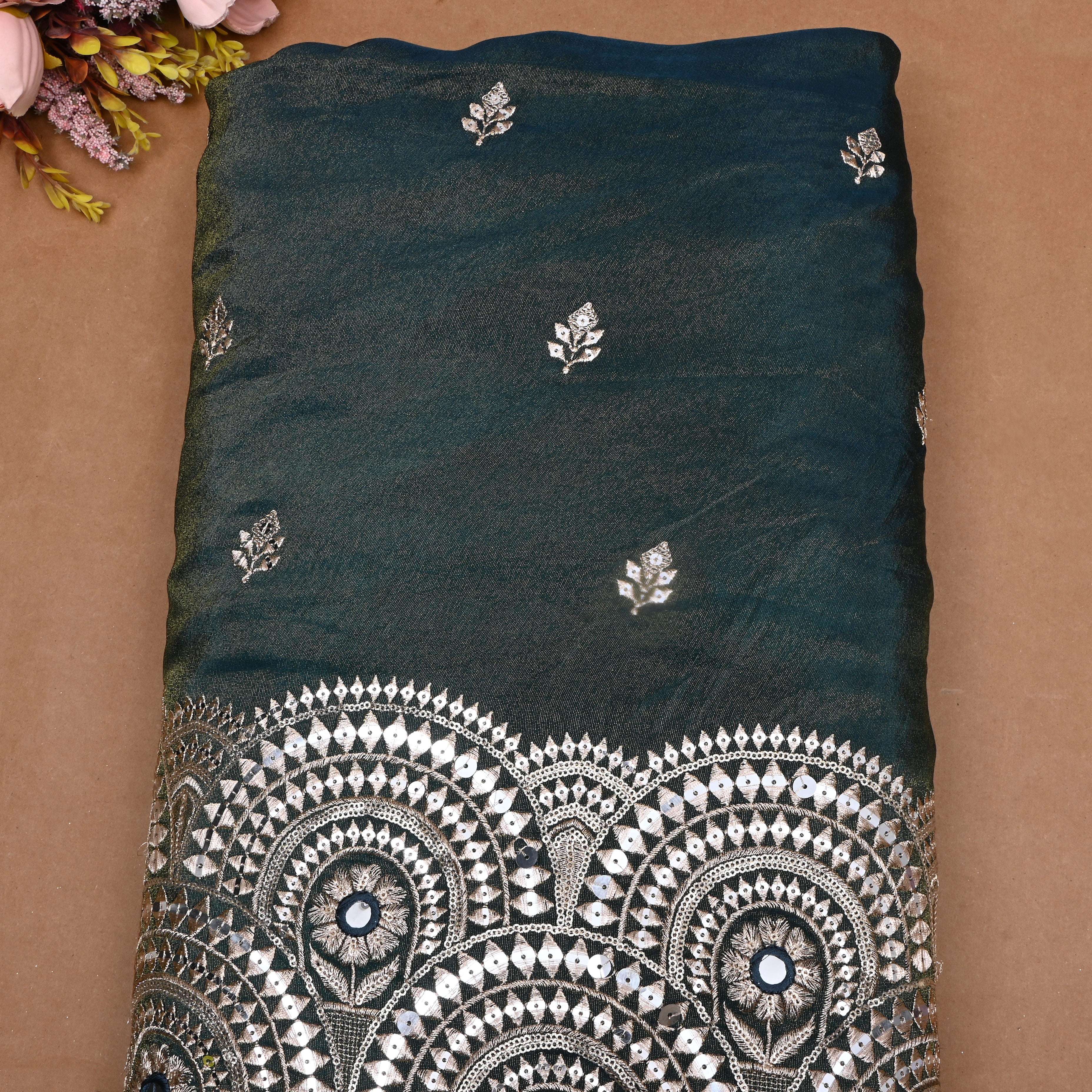 Metallic Deep Green Zari Weave Tissue Fabric