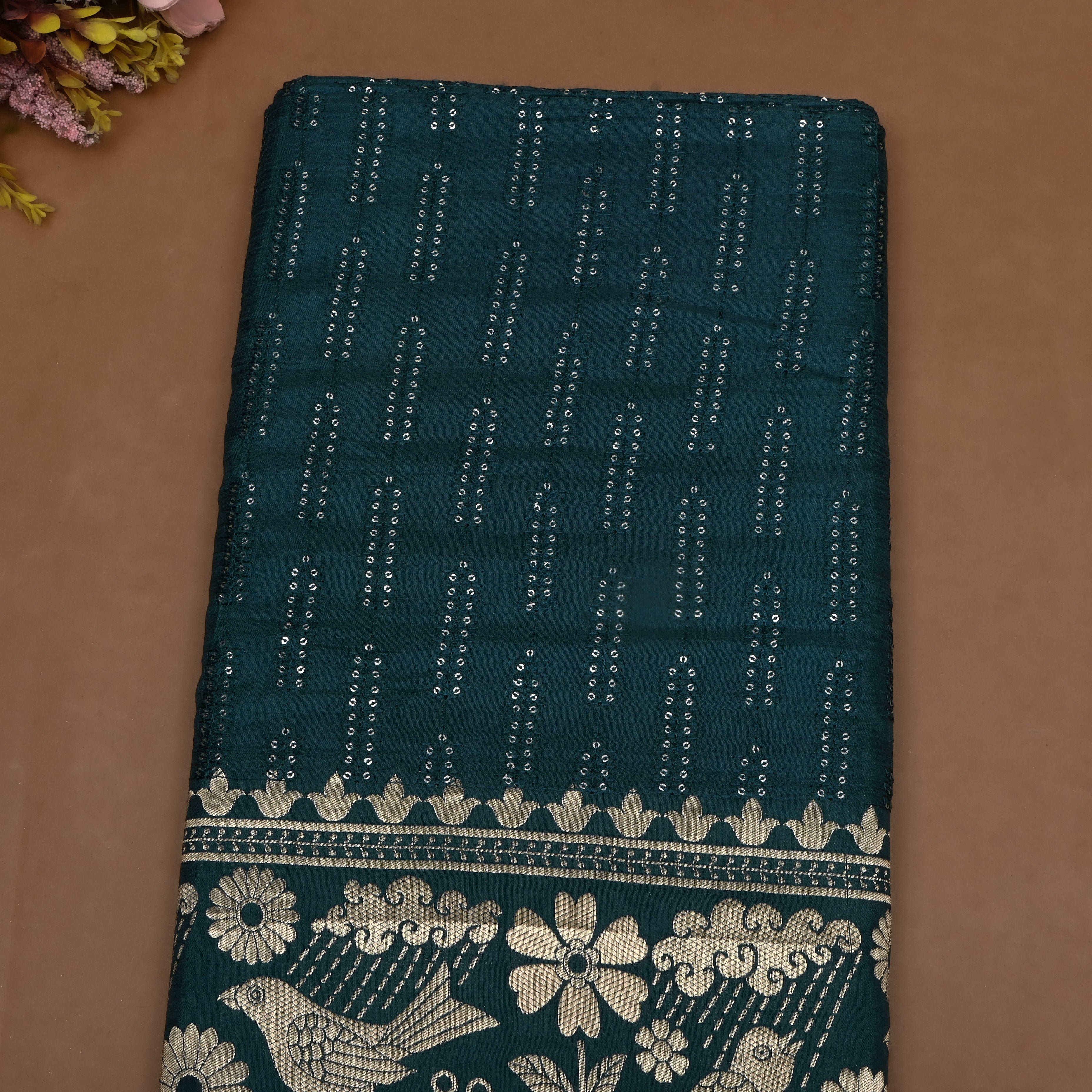 Peacock Green Zari Weave Silk Fabric