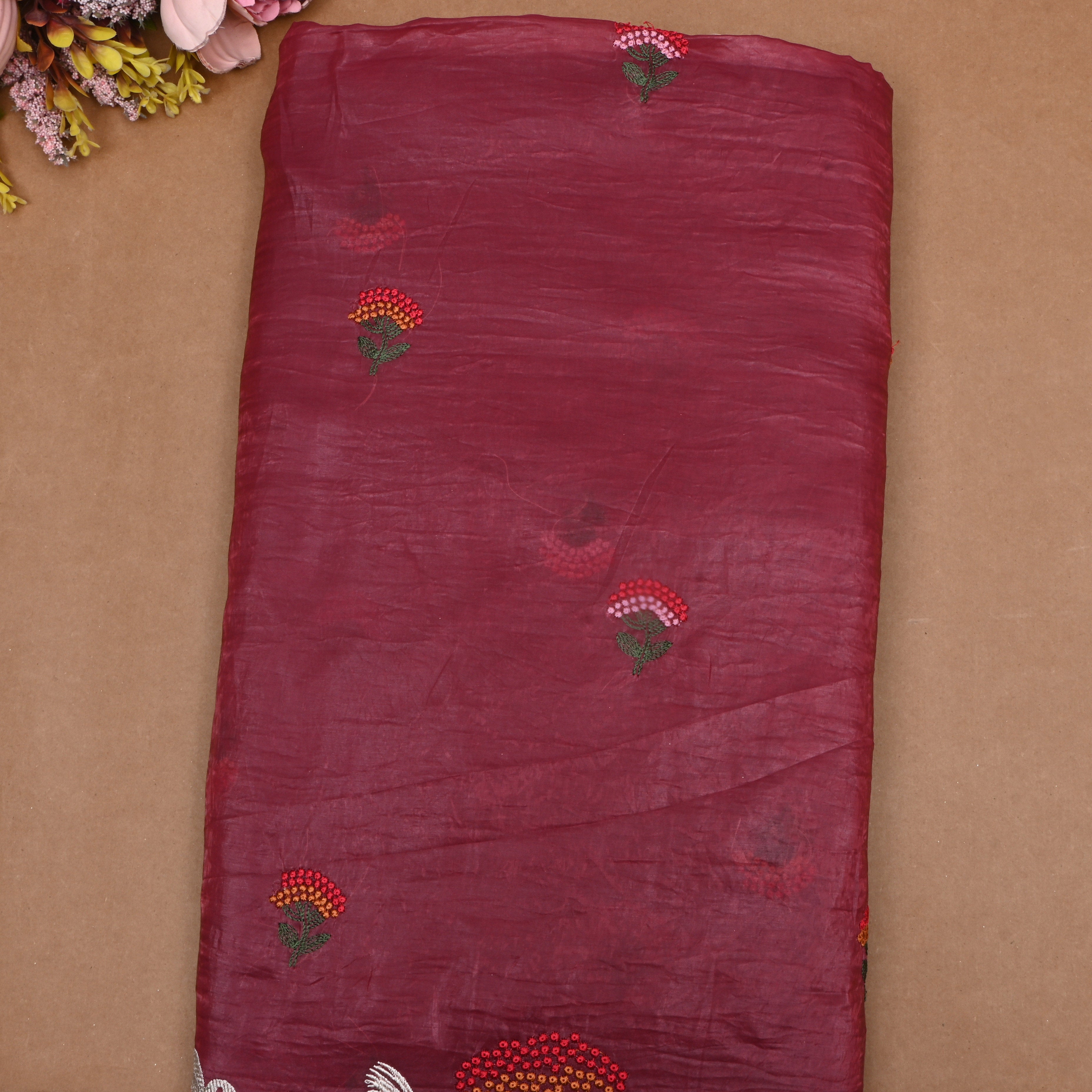 Plum Purple Floral Embroidered Tissue Fabric