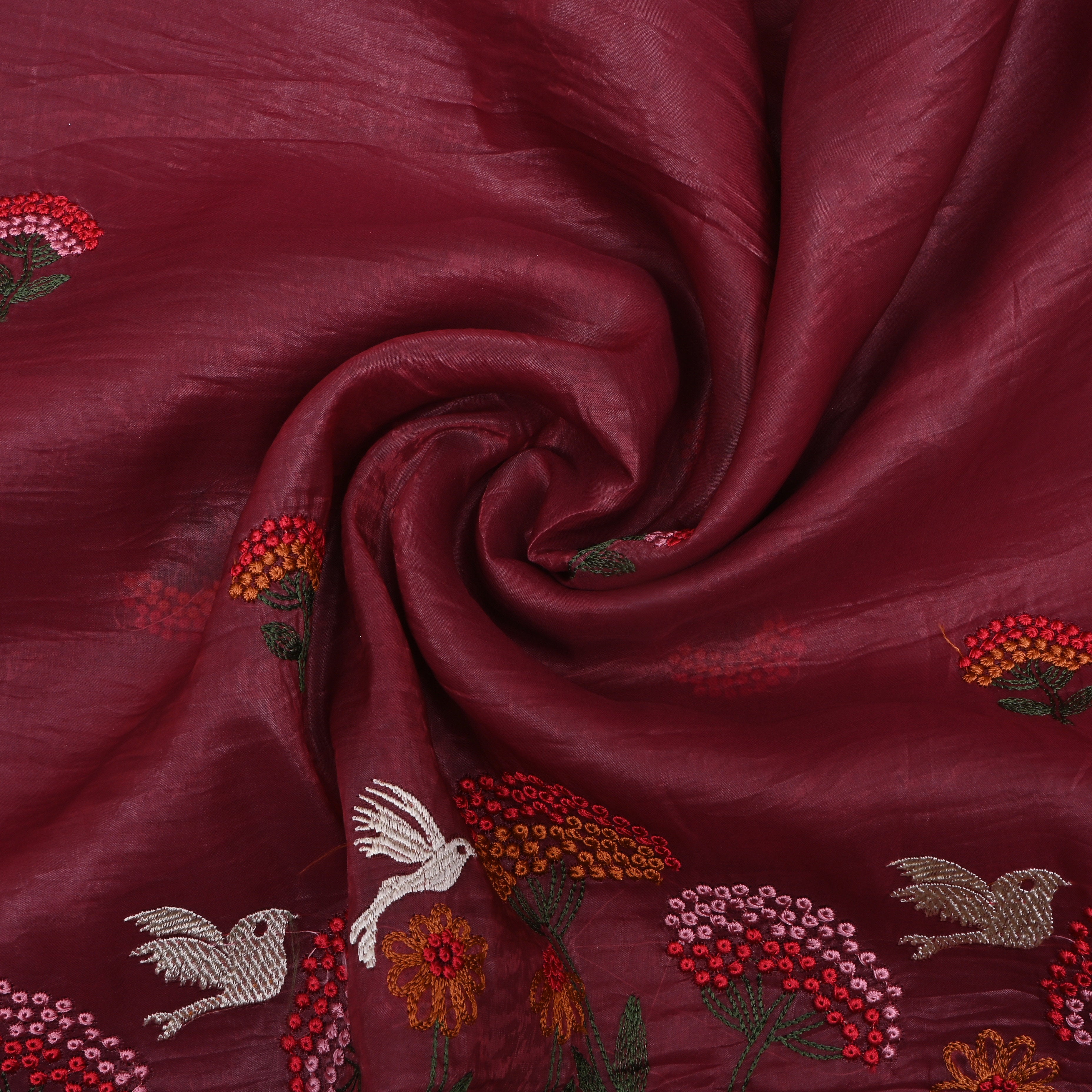 Plum Purple Floral Embroidered Tissue Fabric