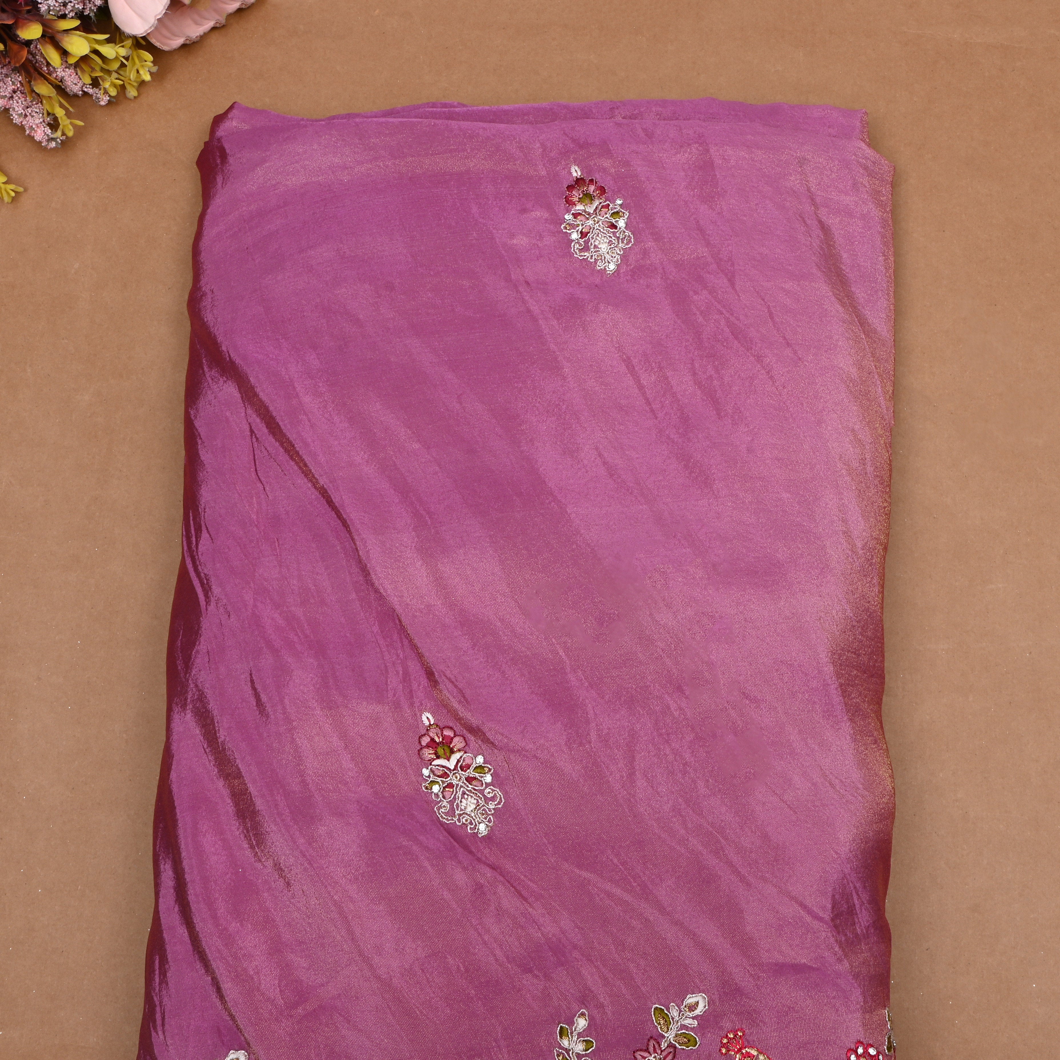 Candy Pink Thread Embroidered Tissue Fabric