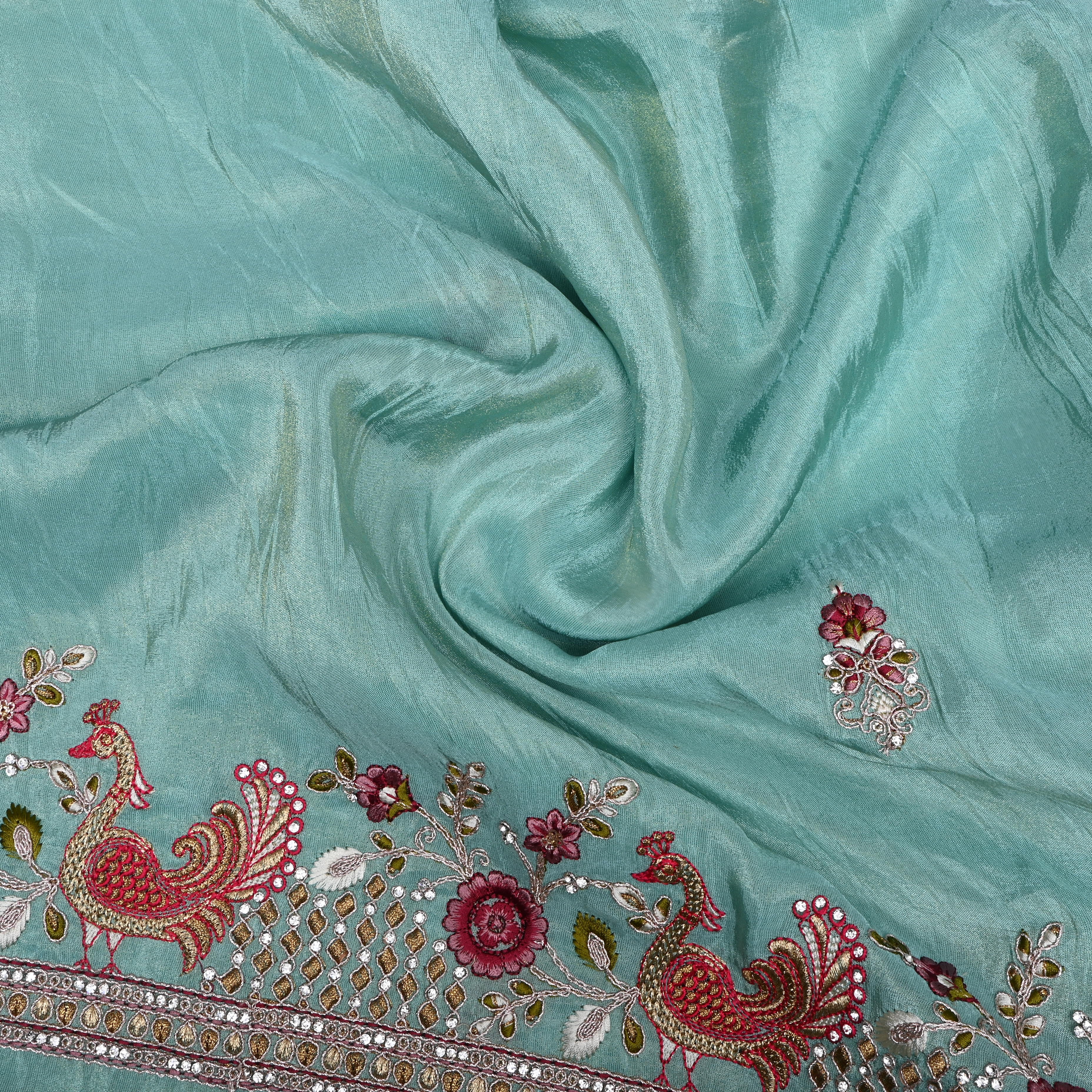 Teal Green Floral Embroidered Tissue Fabric