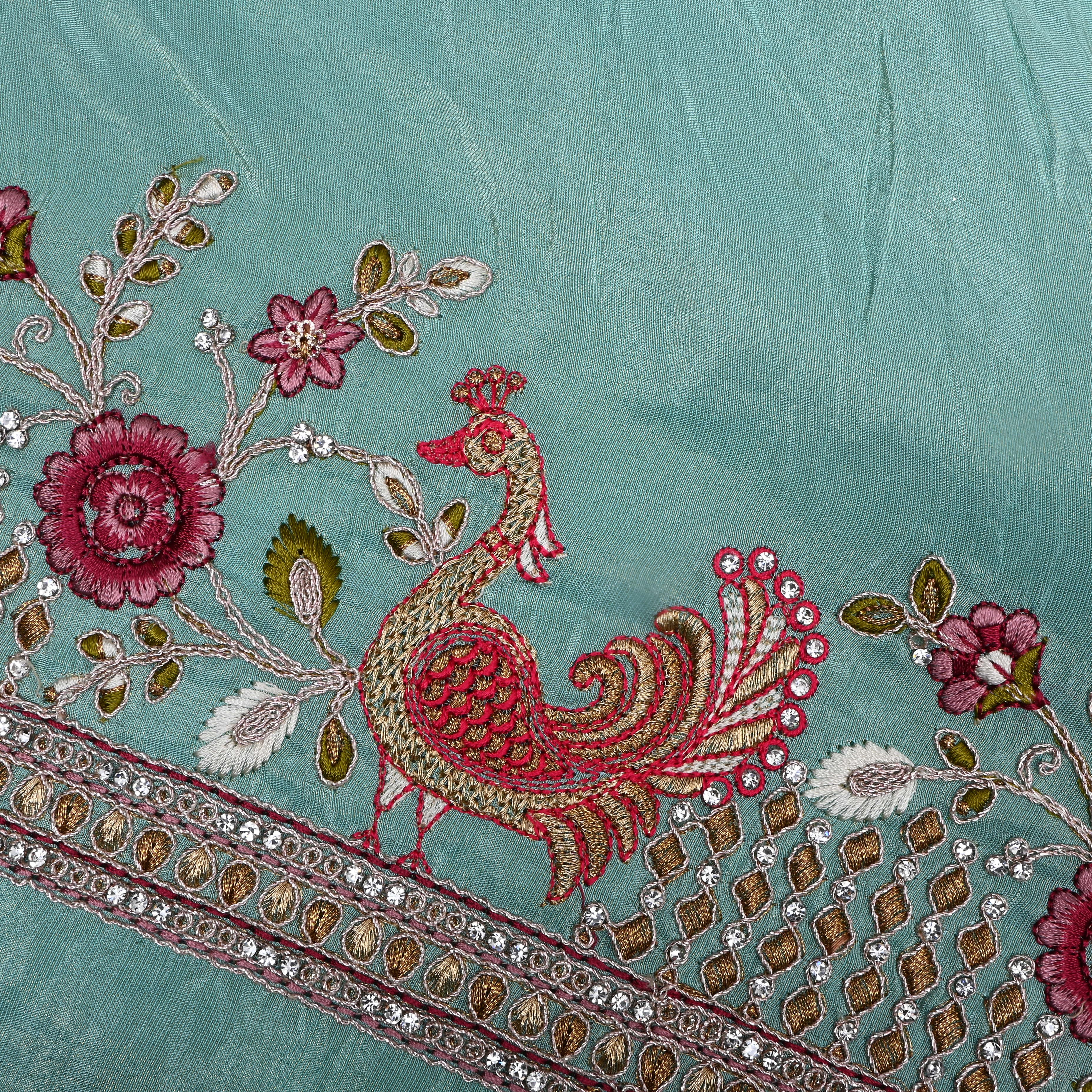 Teal Green Floral Embroidered Tissue Fabric