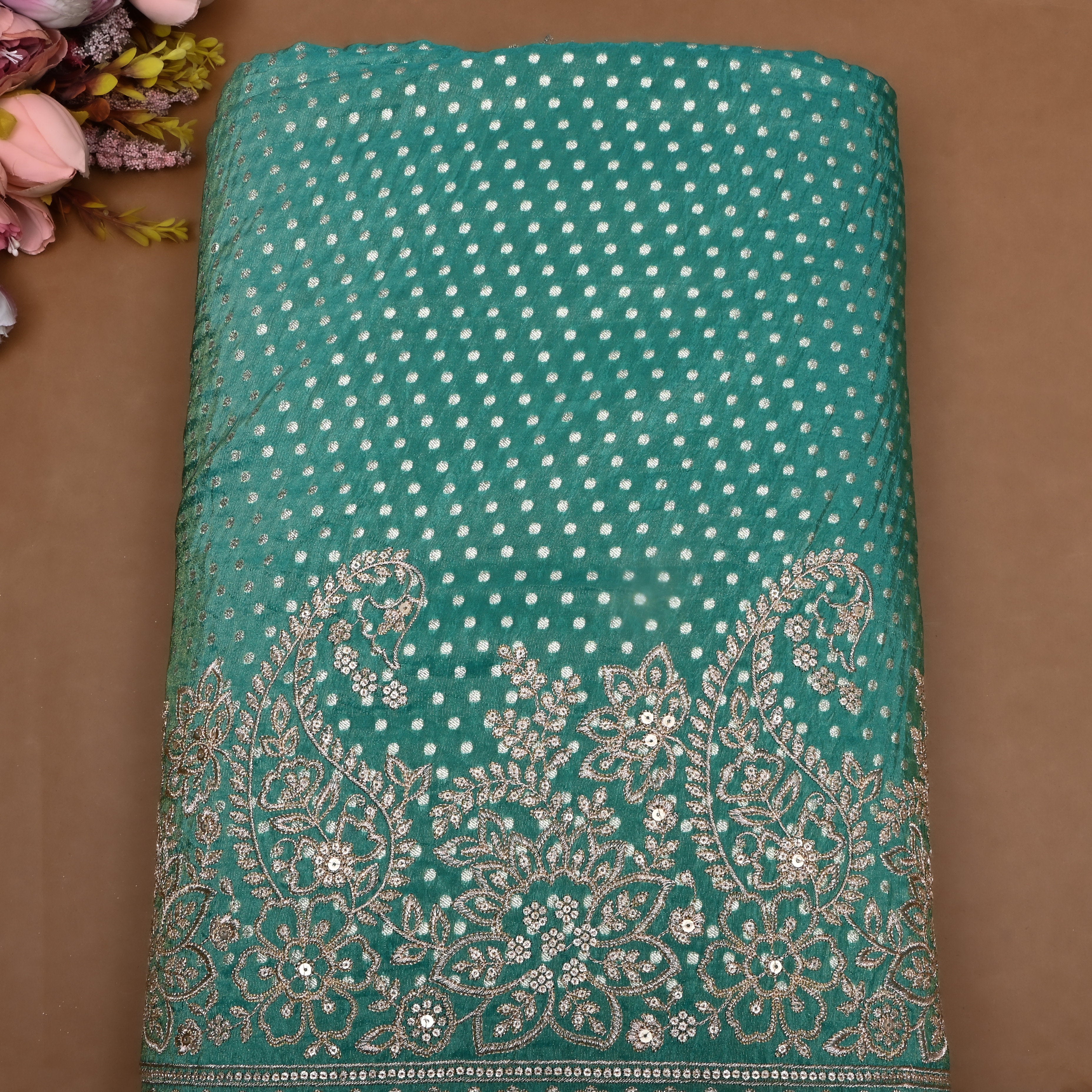 Teal Blue Embroidered Tissue Fabric