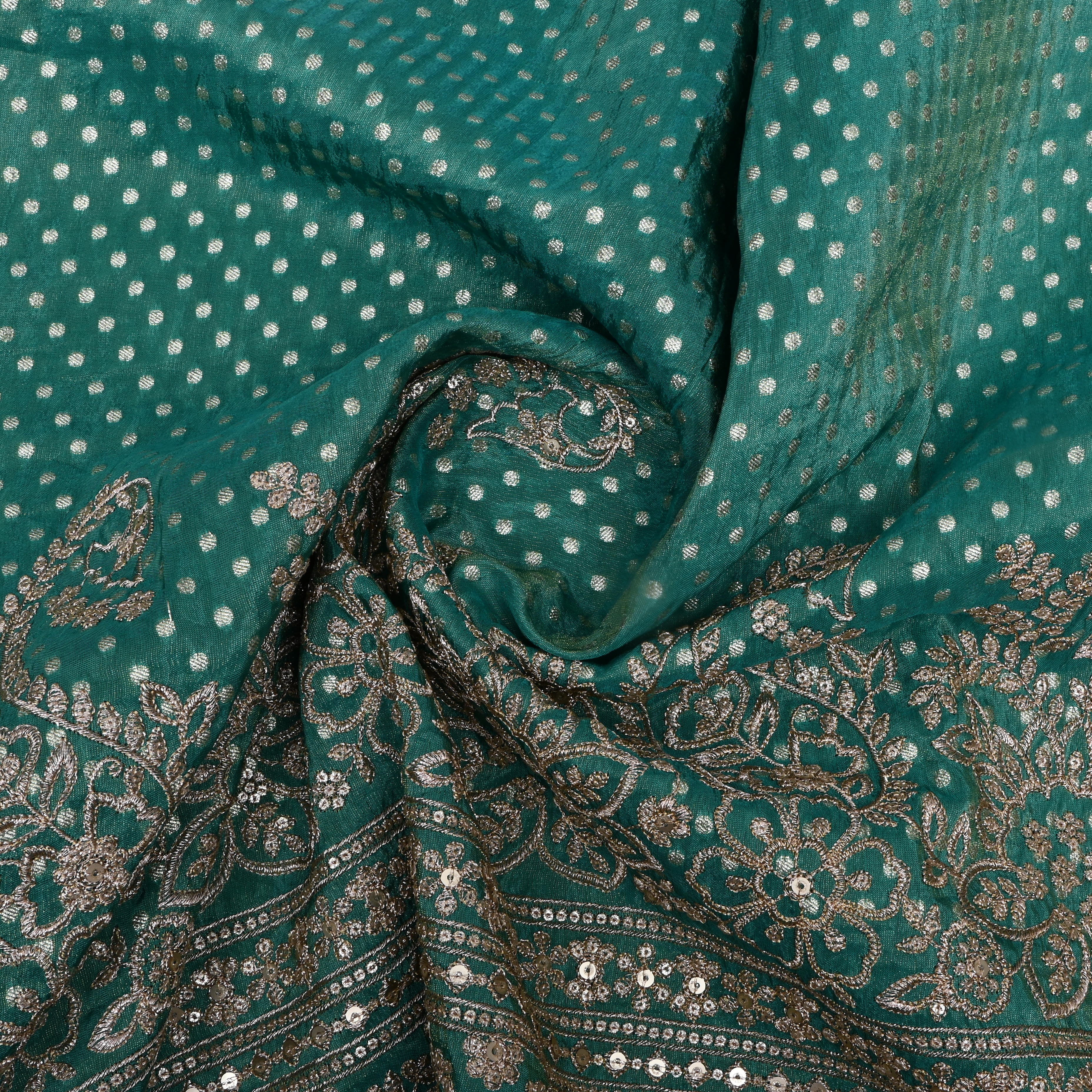 Teal Blue Embroidered Tissue Fabric