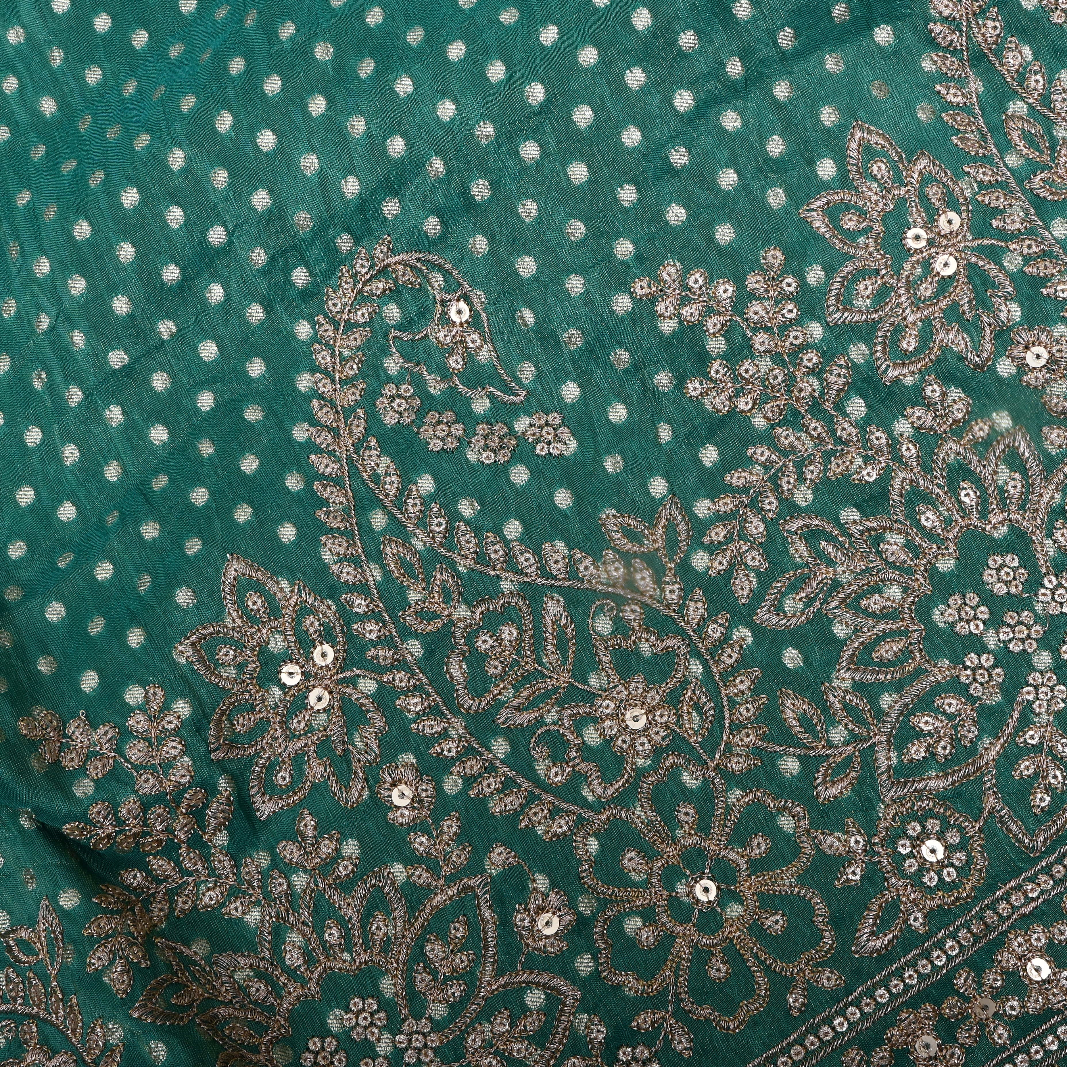 Teal Blue Embroidered Tissue Fabric