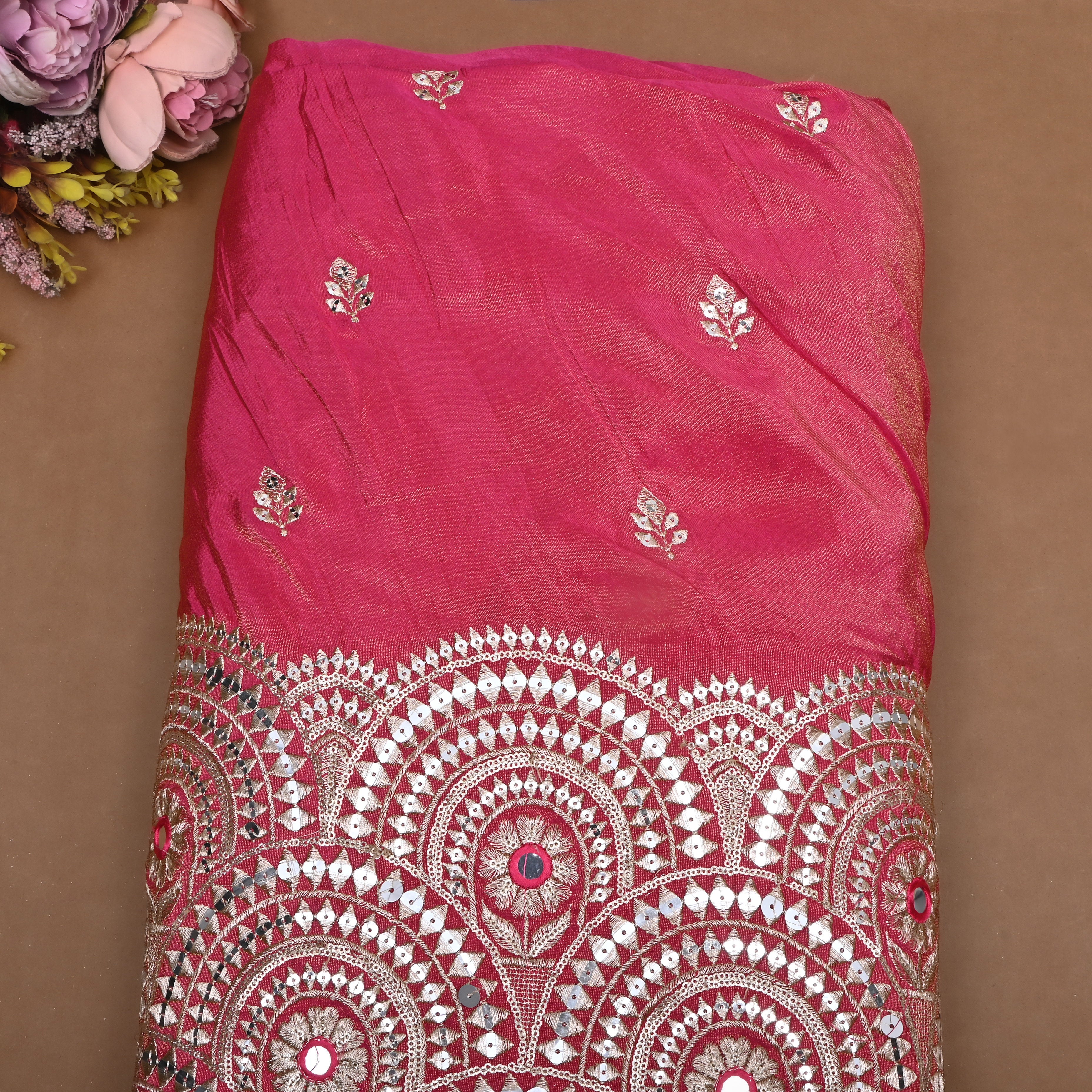 Salmon Red Zari Weave Tissue Fabric