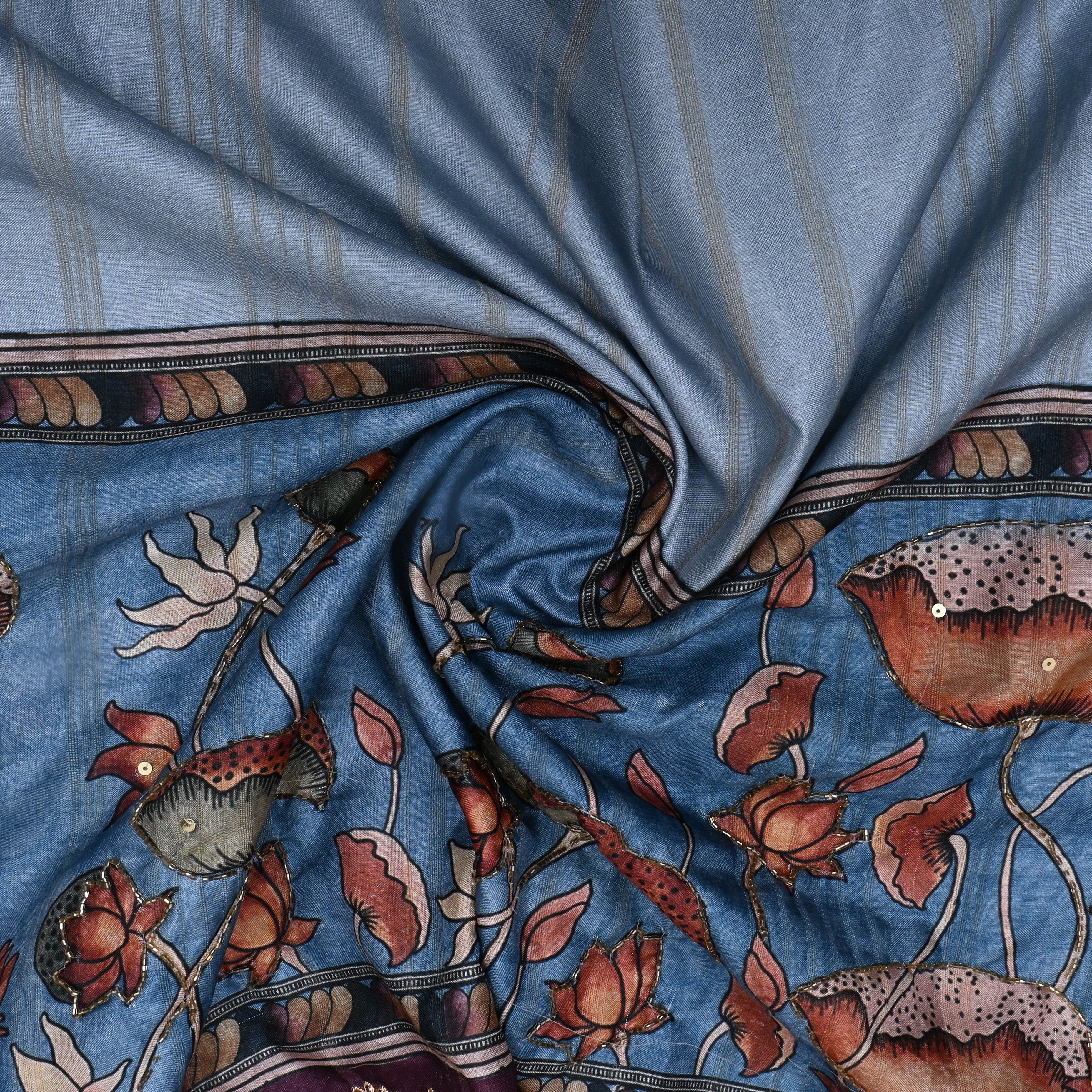 Bright Blue Paithani Printed Dupion Silk Fabric