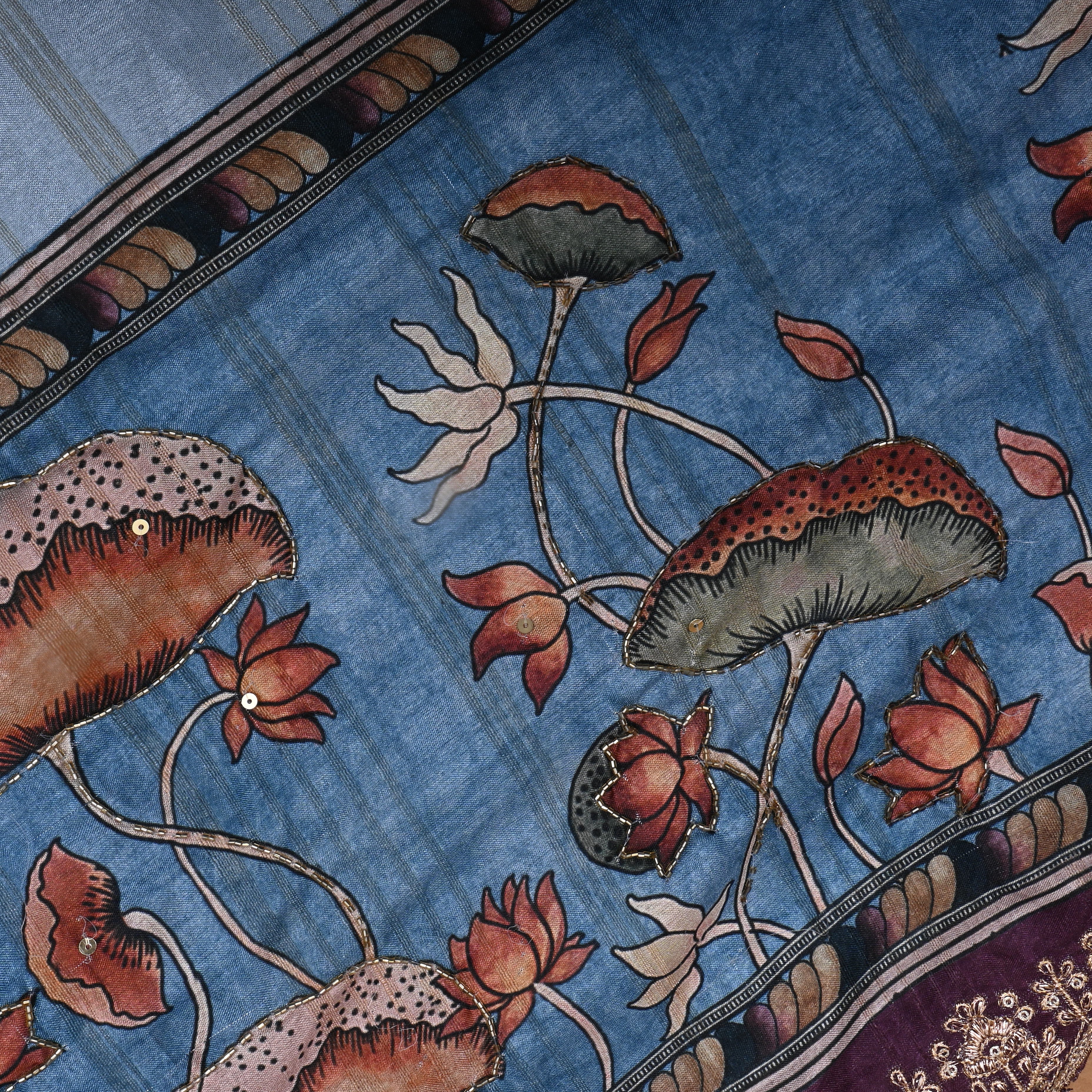 Bright Blue Paithani Printed Dupion Silk Fabric