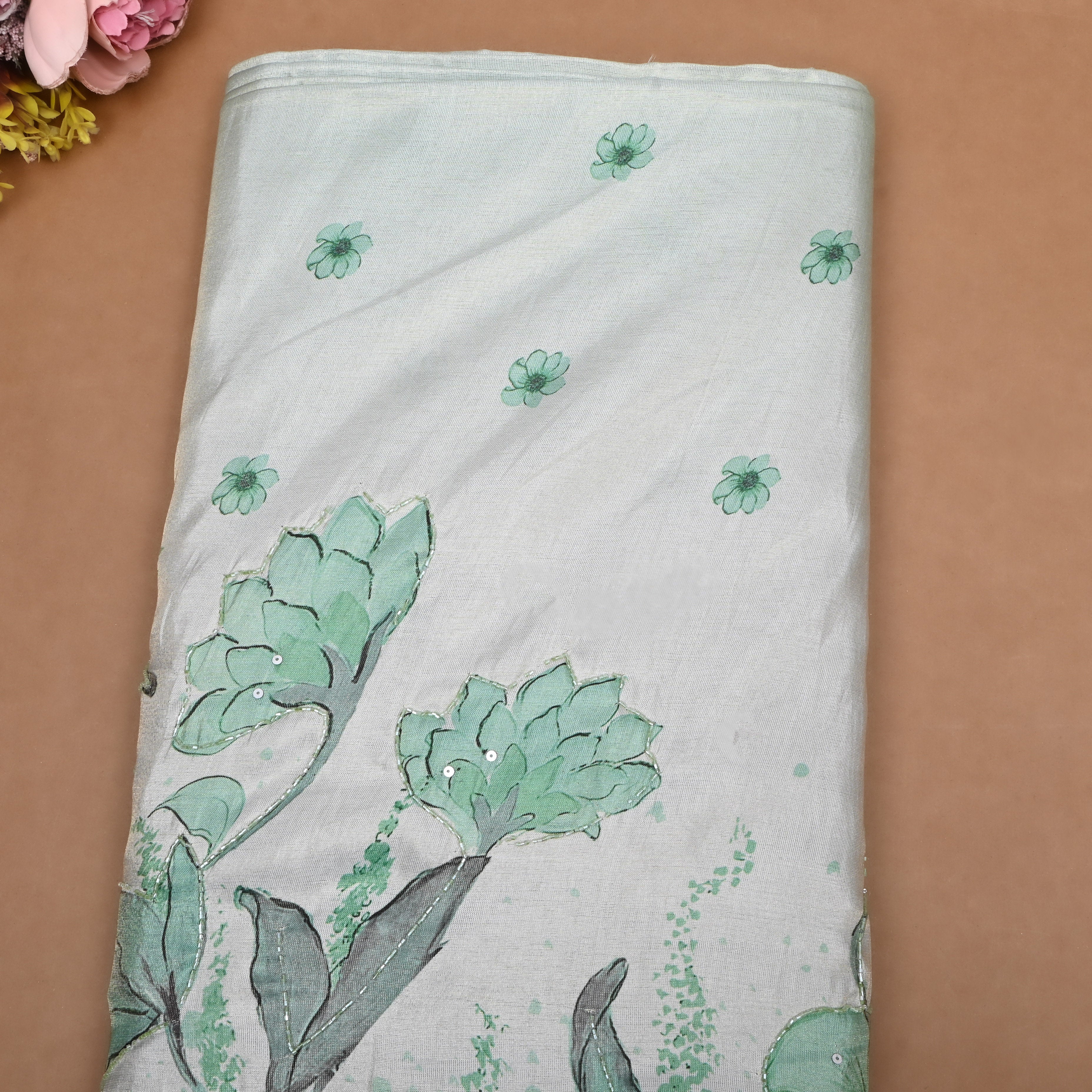Pastel Green Floral Printed Tissue Fabric