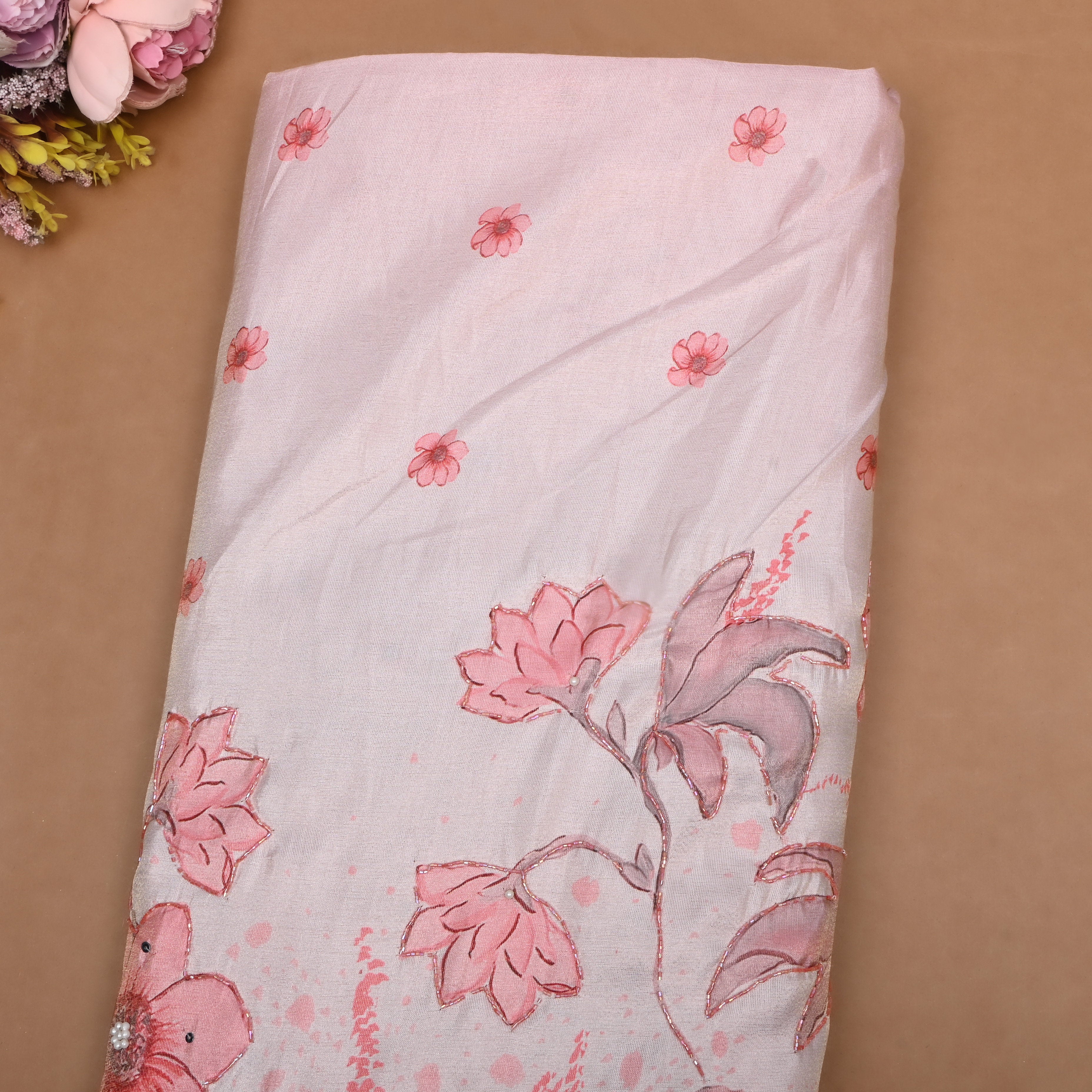 Pastel Pink Floral Printed Tissue Fabric