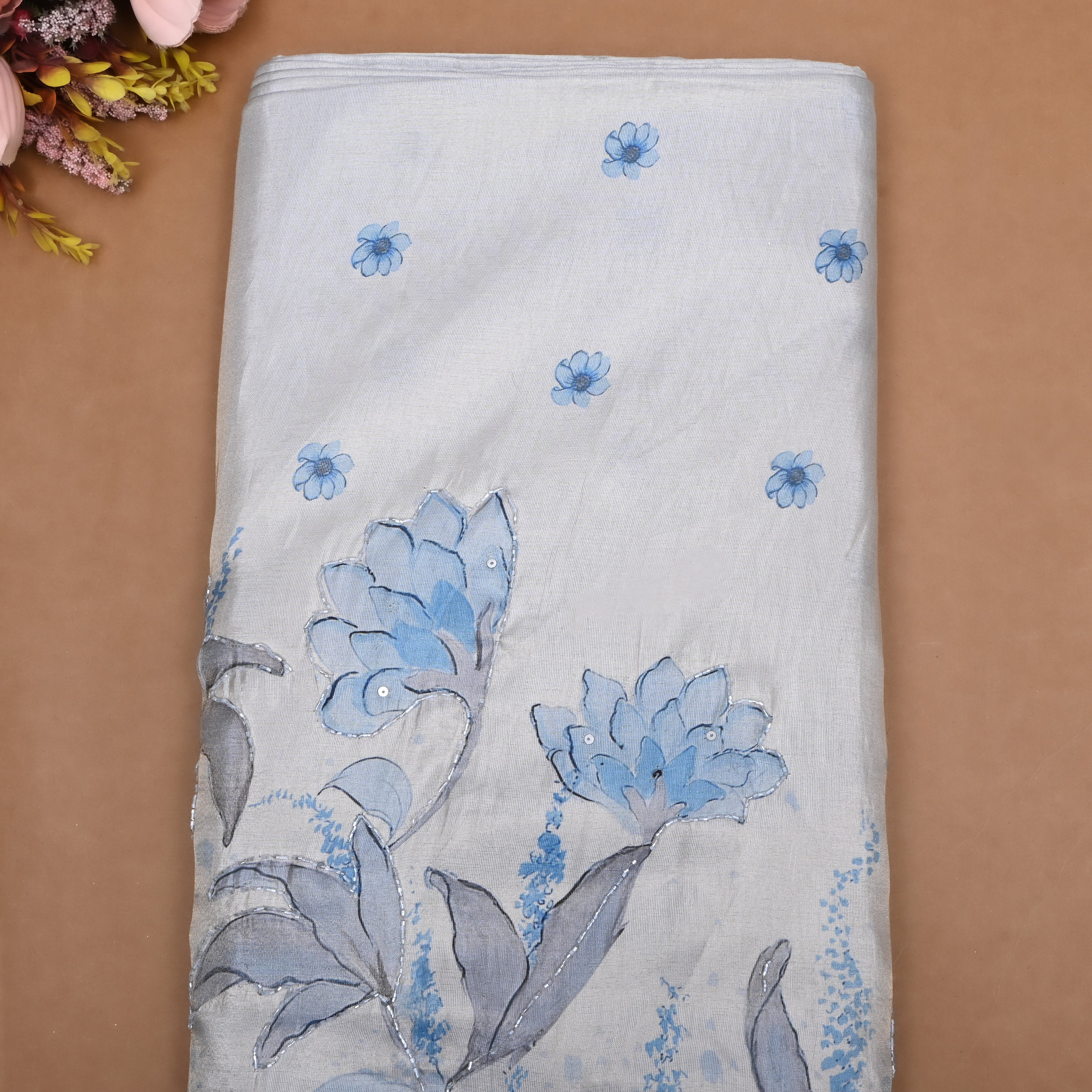 Pastel Blue Floral Printed Tissue Fabric