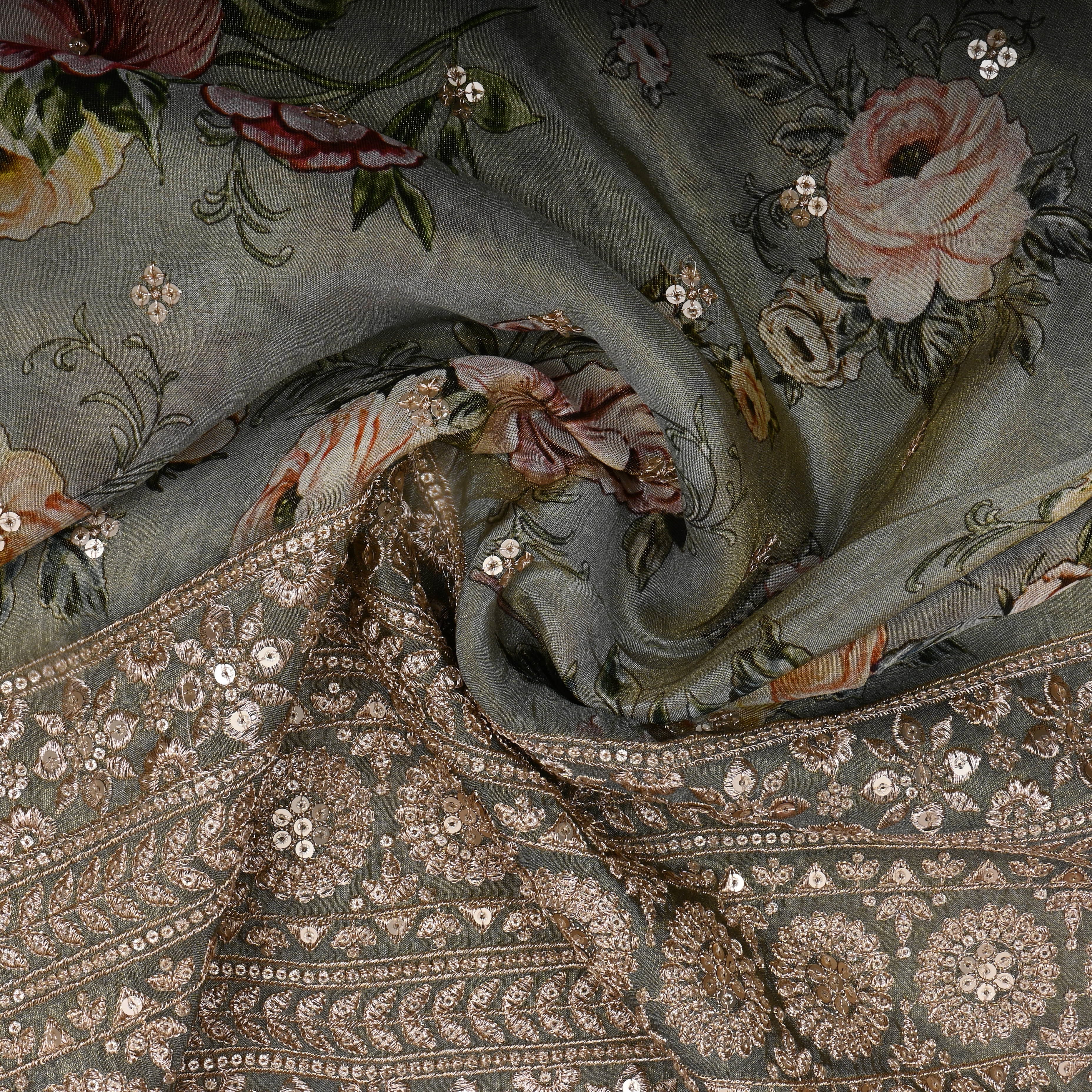 Dark Gray Floral Printed Tissue Fabric