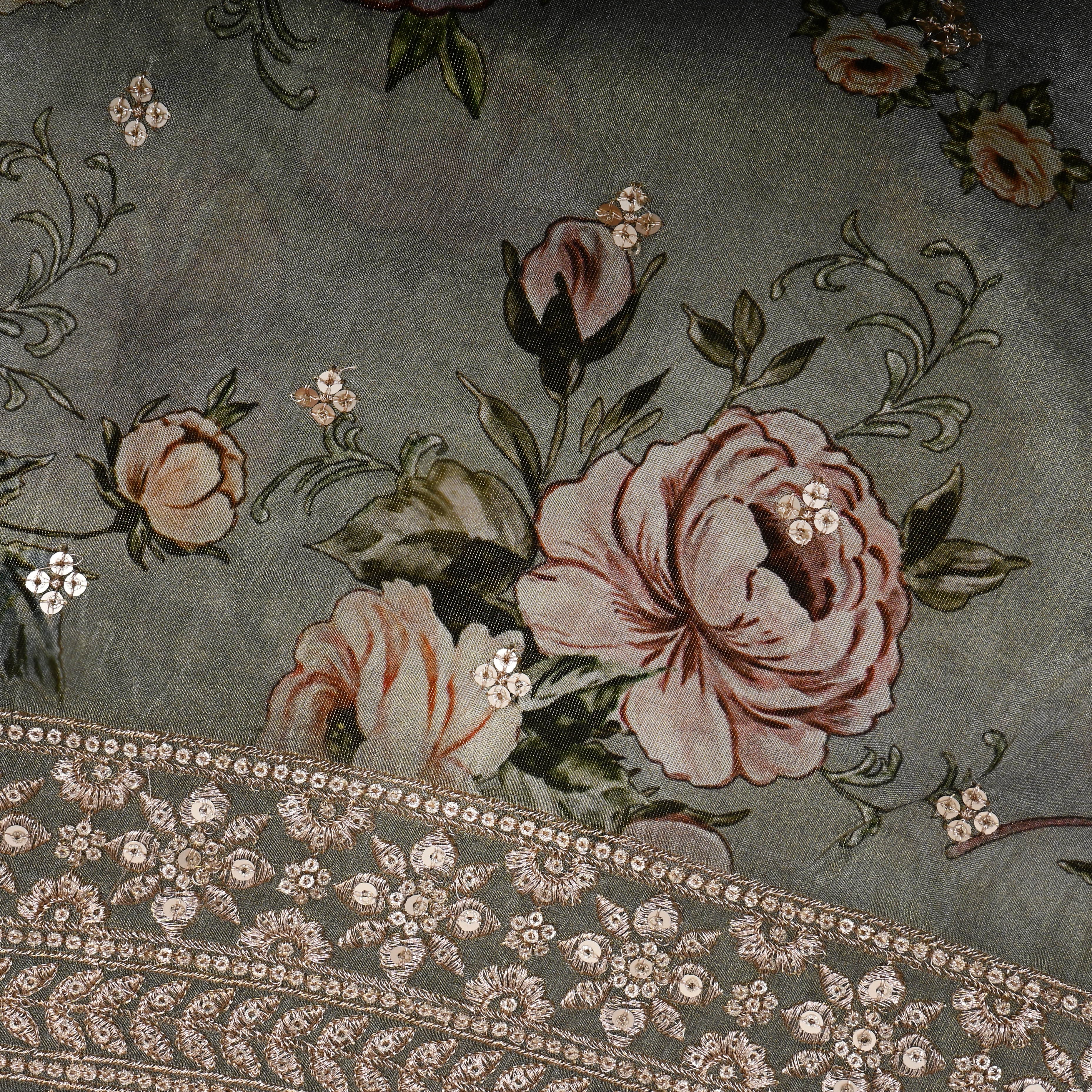 Dark Gray Floral Printed Tissue Fabric