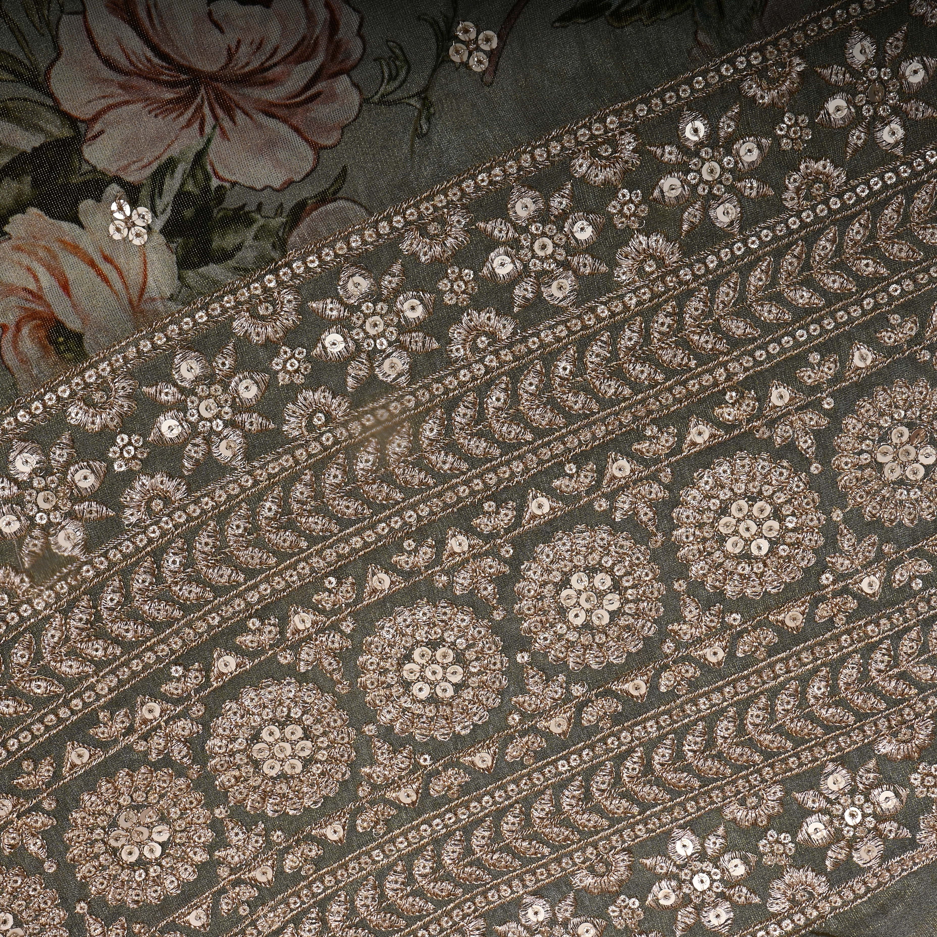 Dark Gray Floral Printed Tissue Fabric