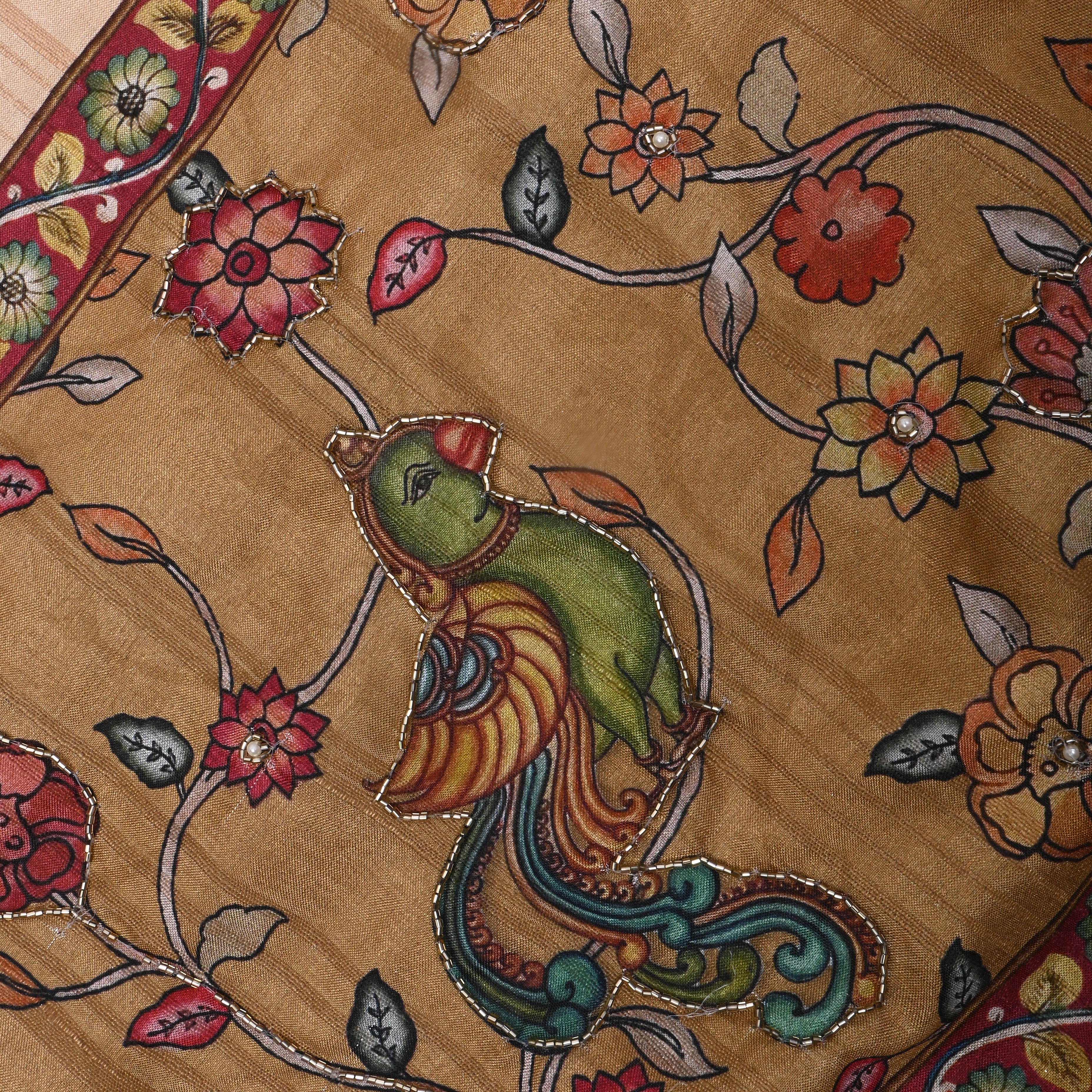 Off White Printed Dupion Silk Fabric