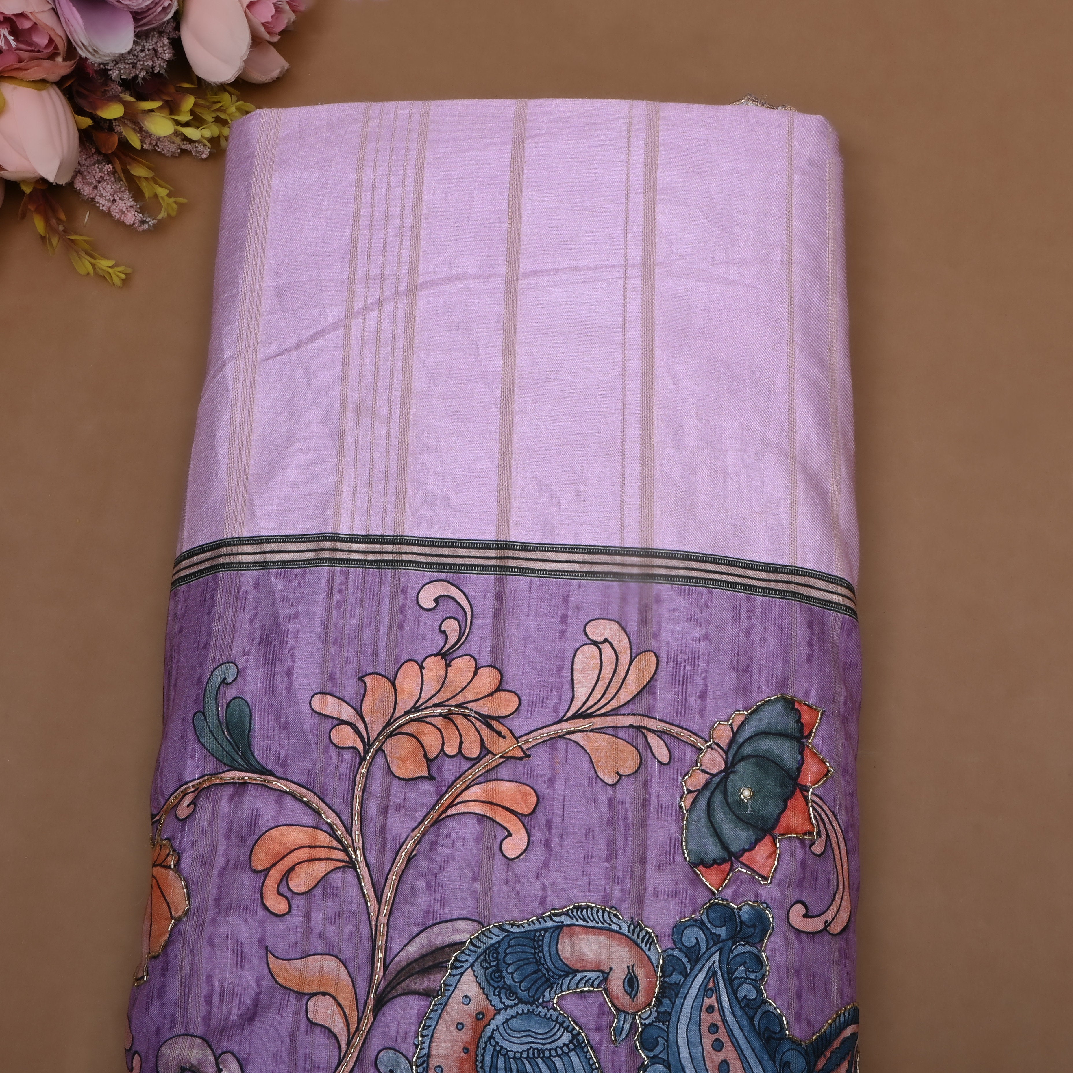 Purplish Lavender Cutdana Work Dupion Silk Fabric