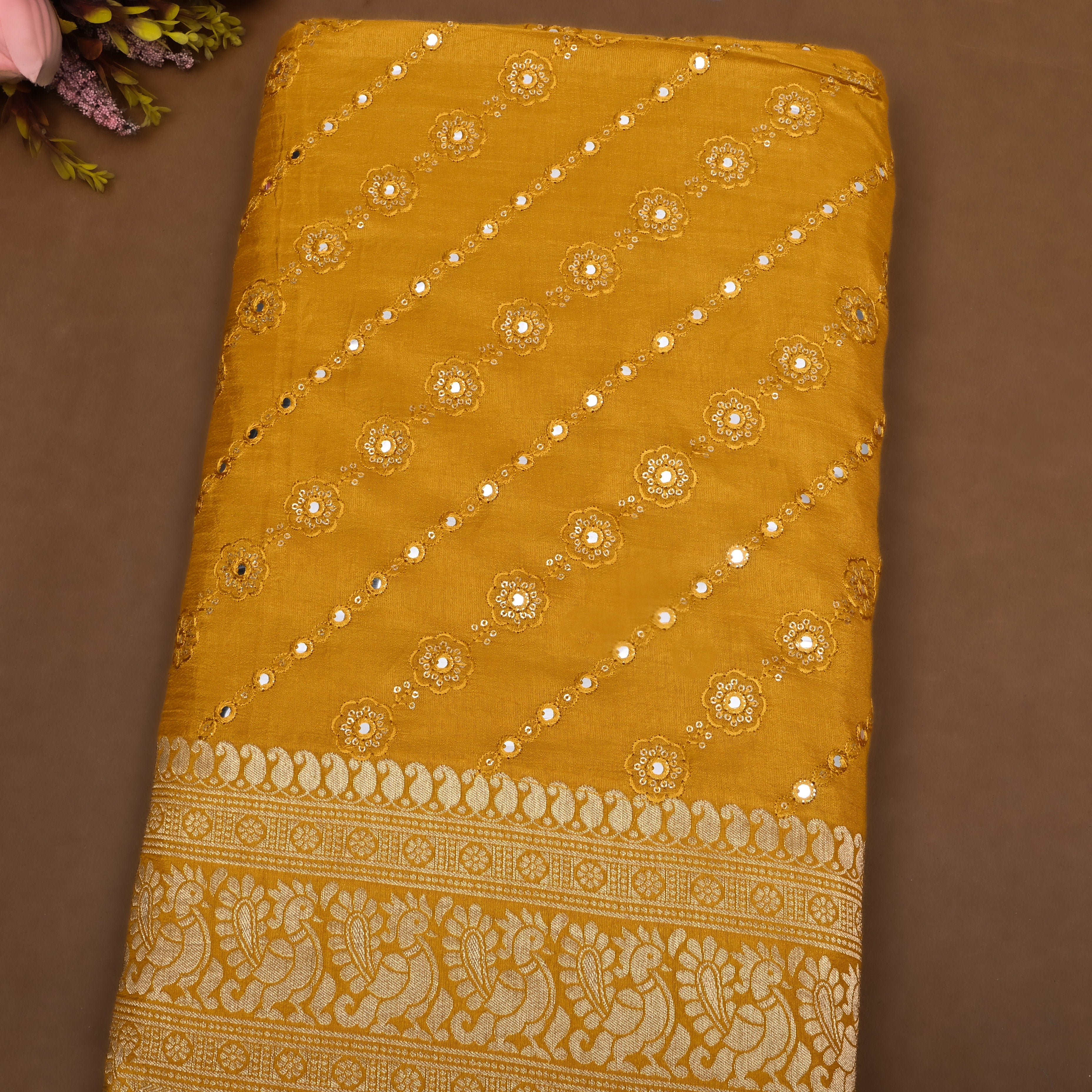 Amber Yellow Zari Weave Silk Fabric