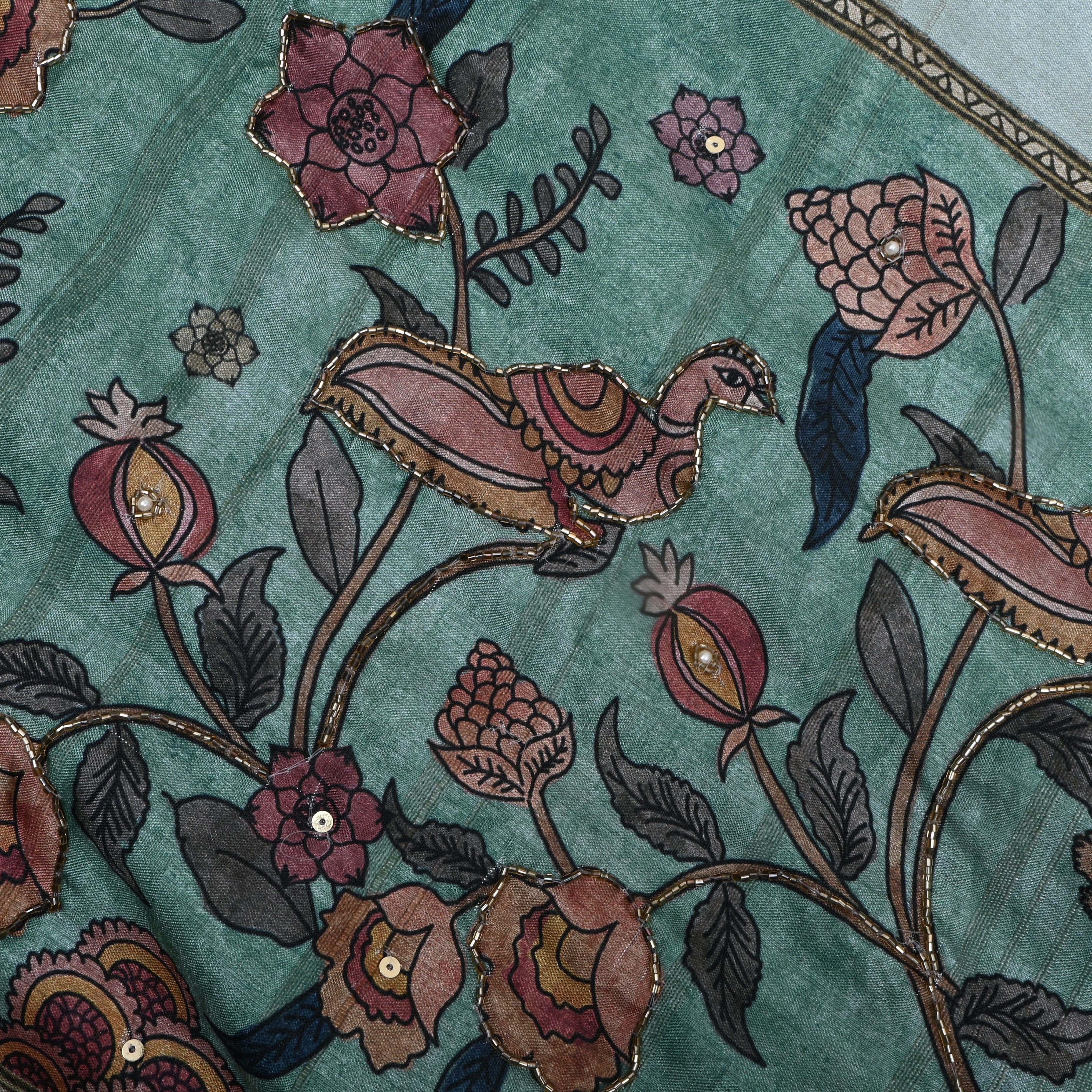 Turquoise Printed Dupion Silk Fabric