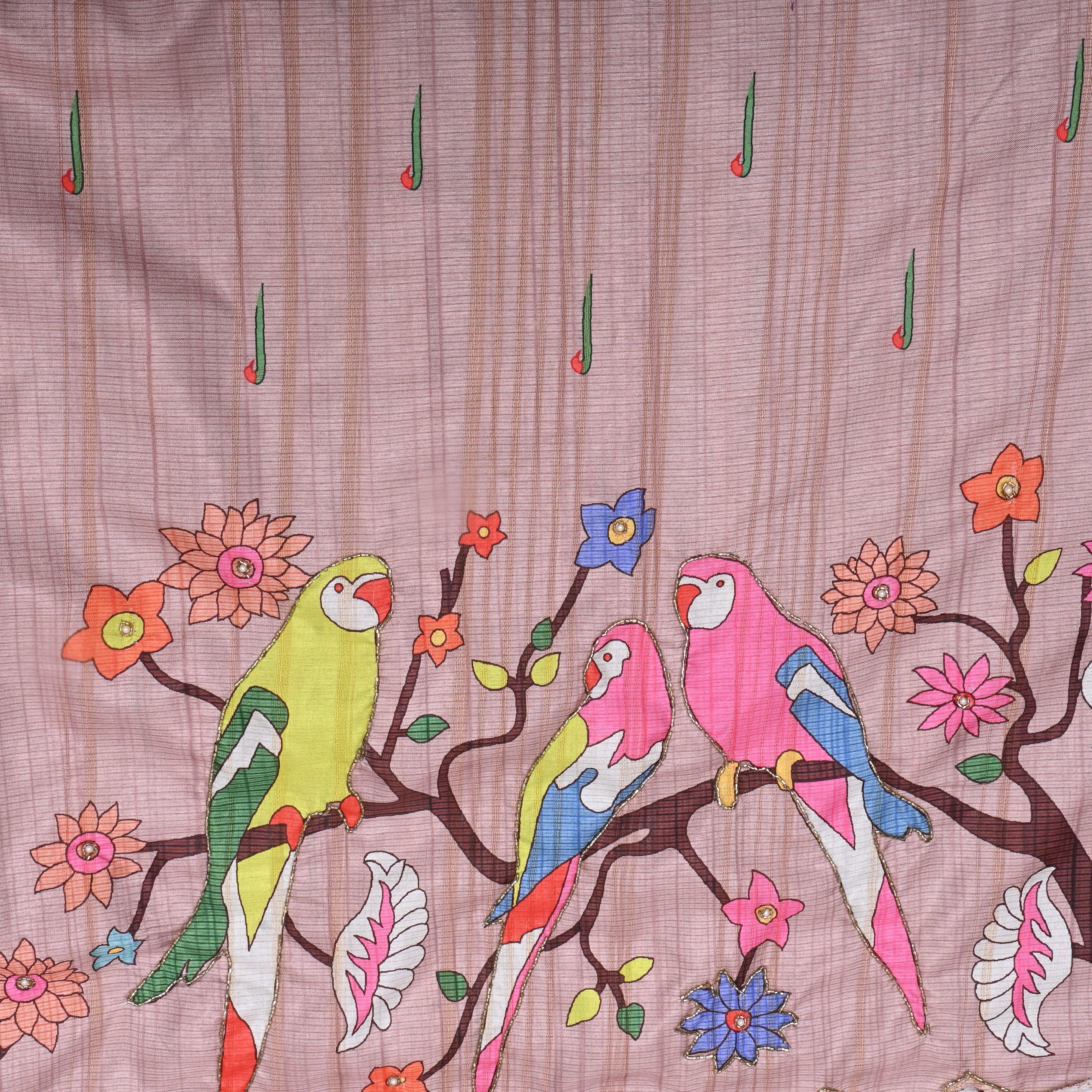 Melon Peach Paithani Print Dupion Silk Fabric