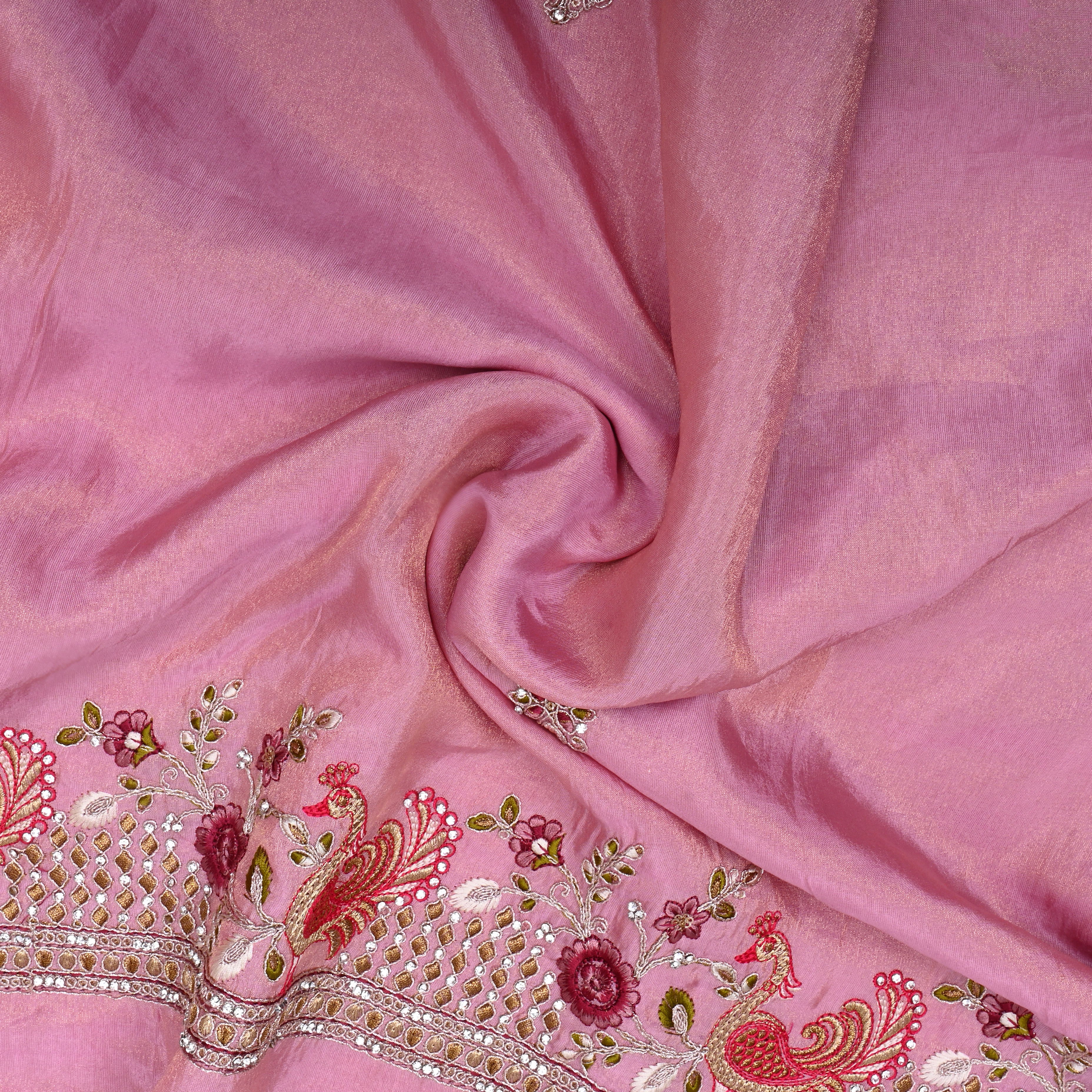 Baby Pink Thread Embroidered Tissue Fabric