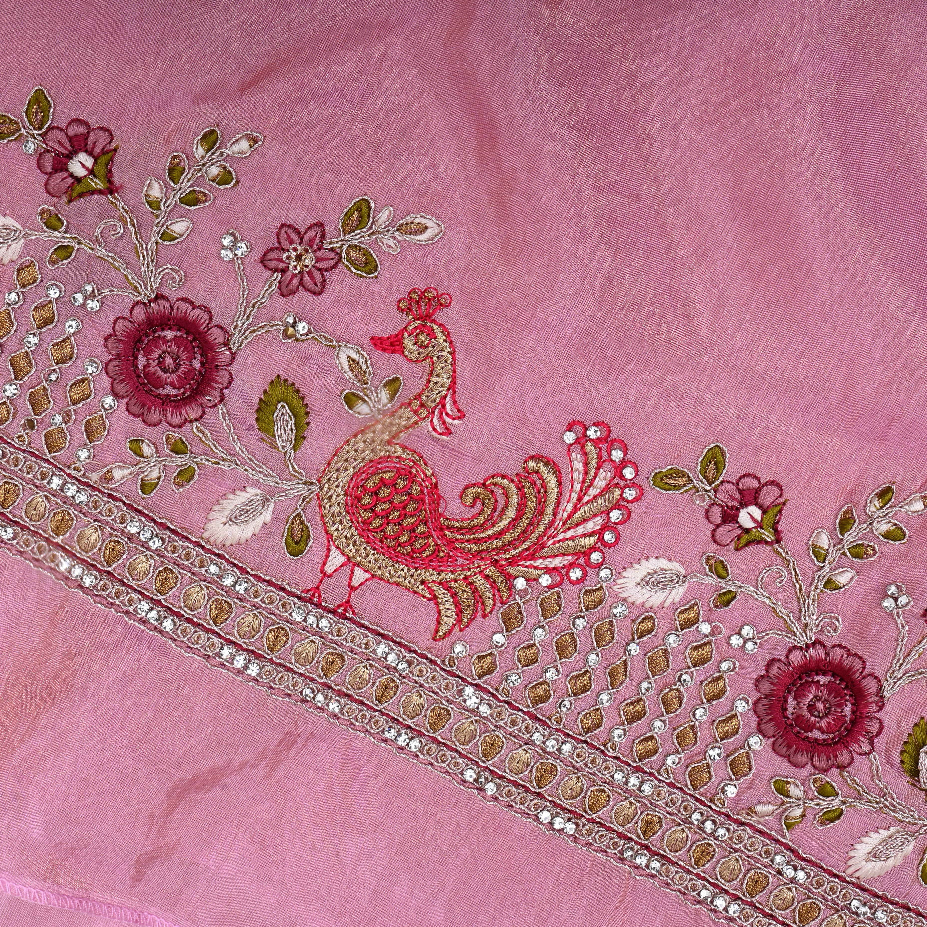 Baby Pink Thread Embroidered Tissue Fabric