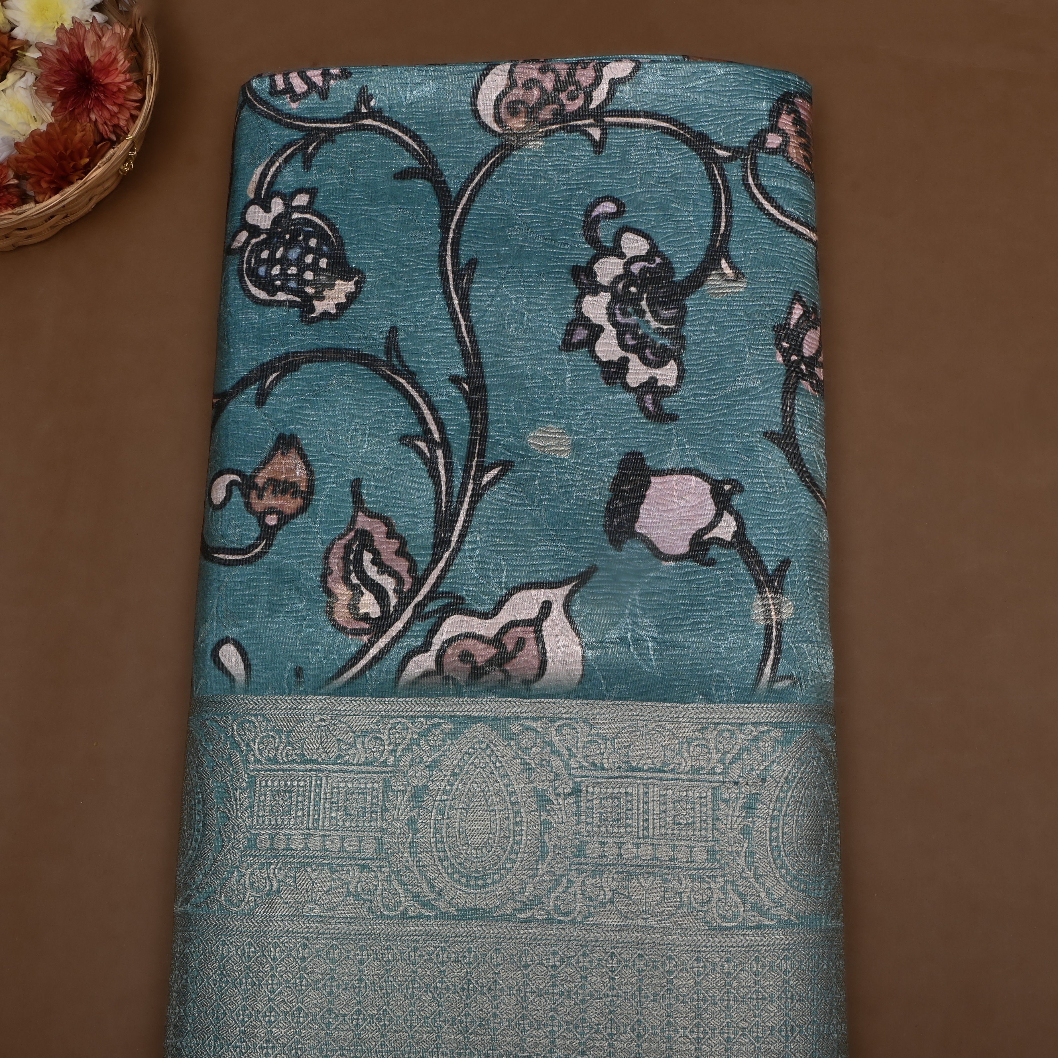 Blue Turquoise Floral Printed Tissue Fabric