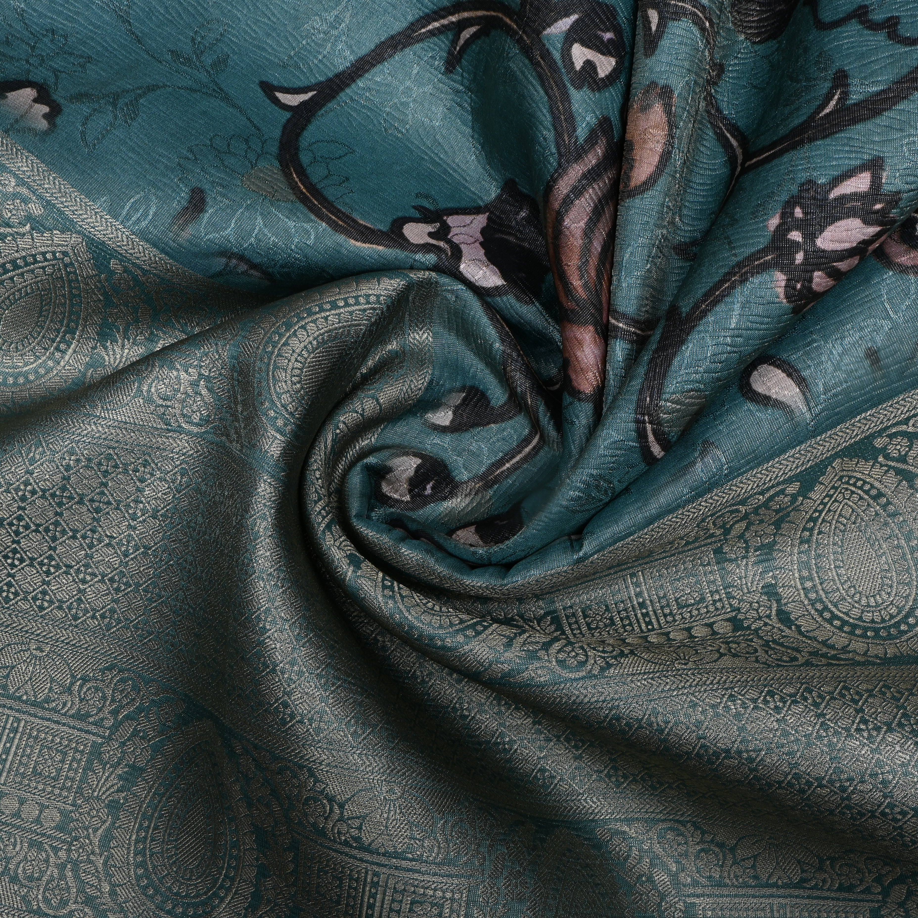 Blue Turquoise Floral Printed Tissue Fabric