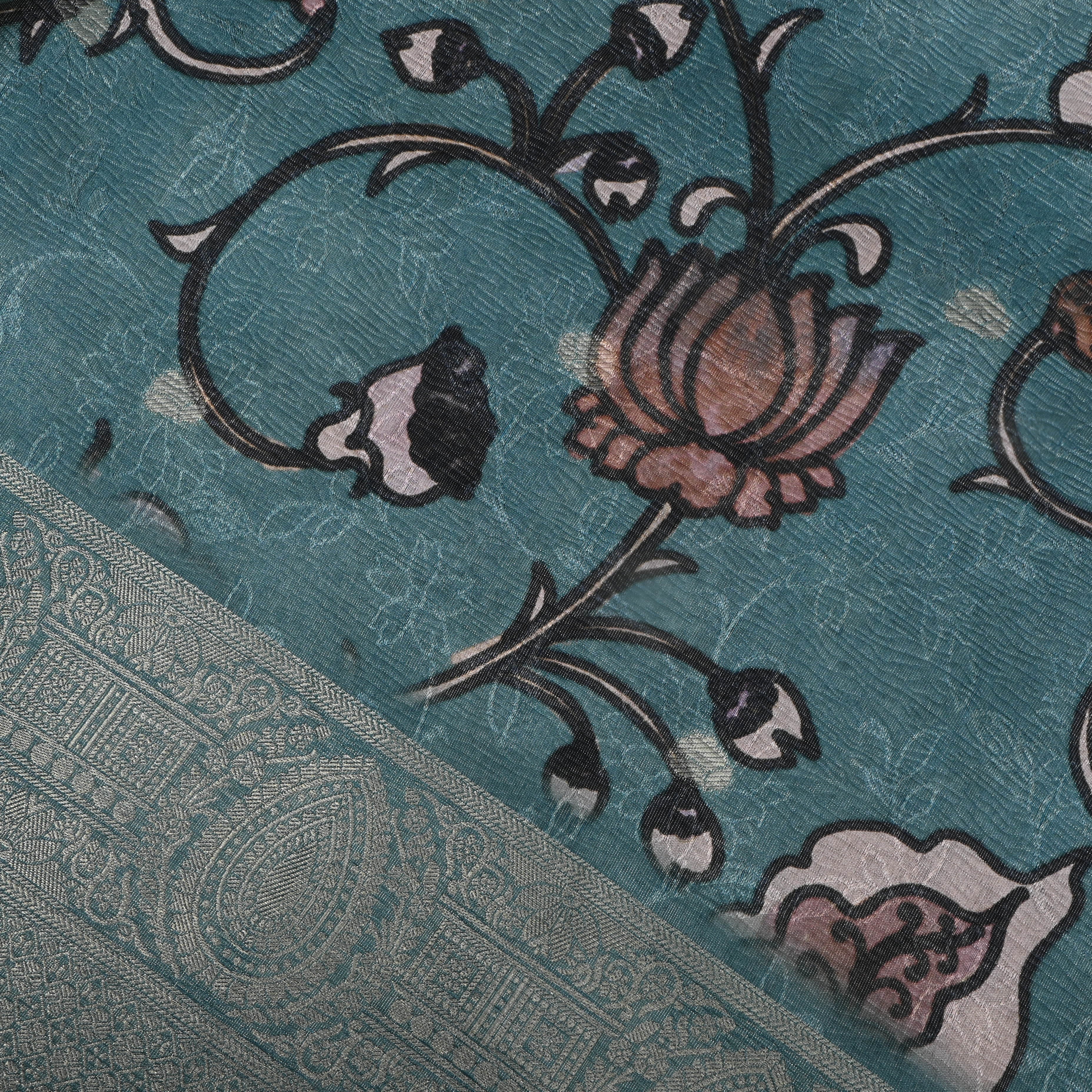 Blue Turquoise Floral Printed Tissue Fabric