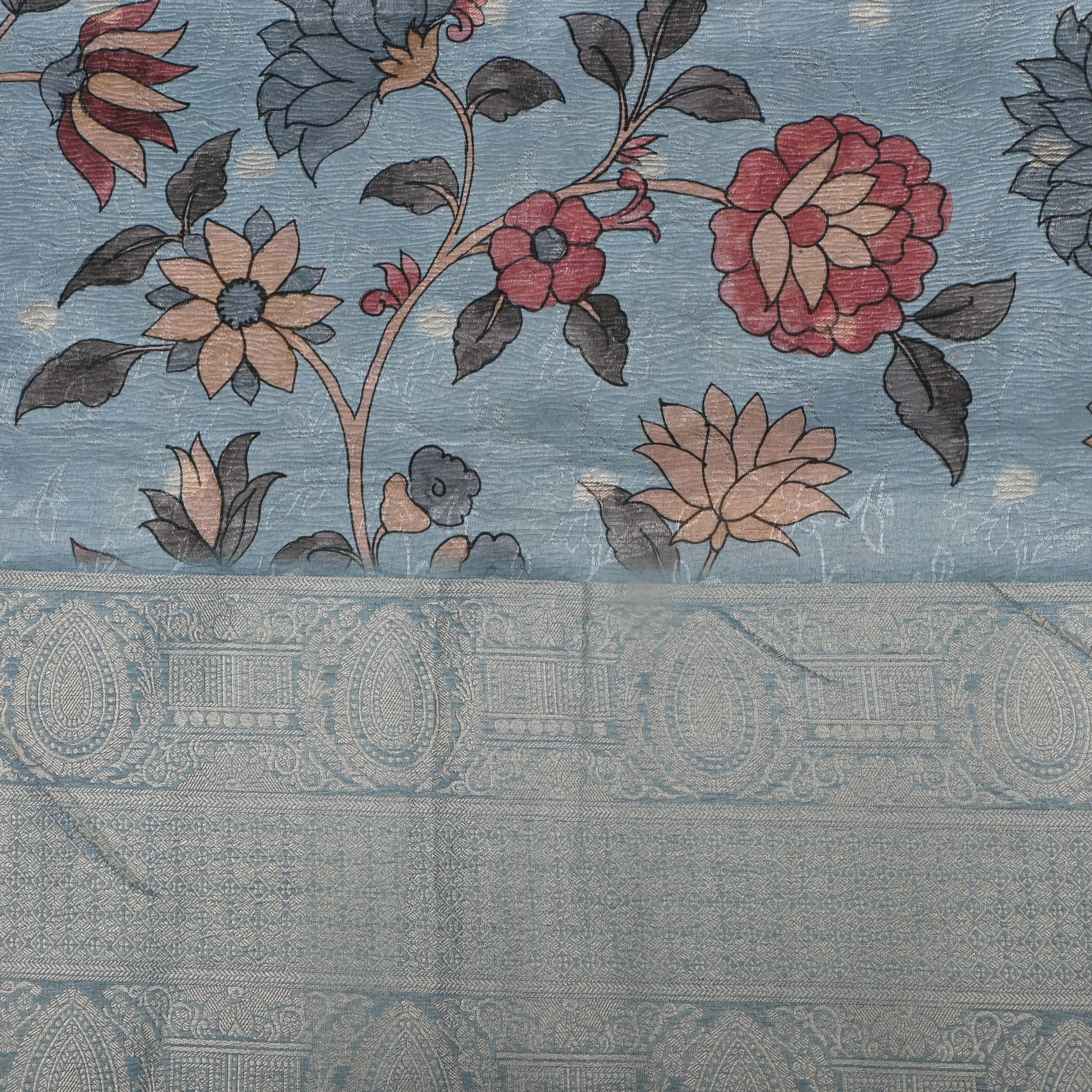 Light Turquoise Floral Printed Tissue Fabric