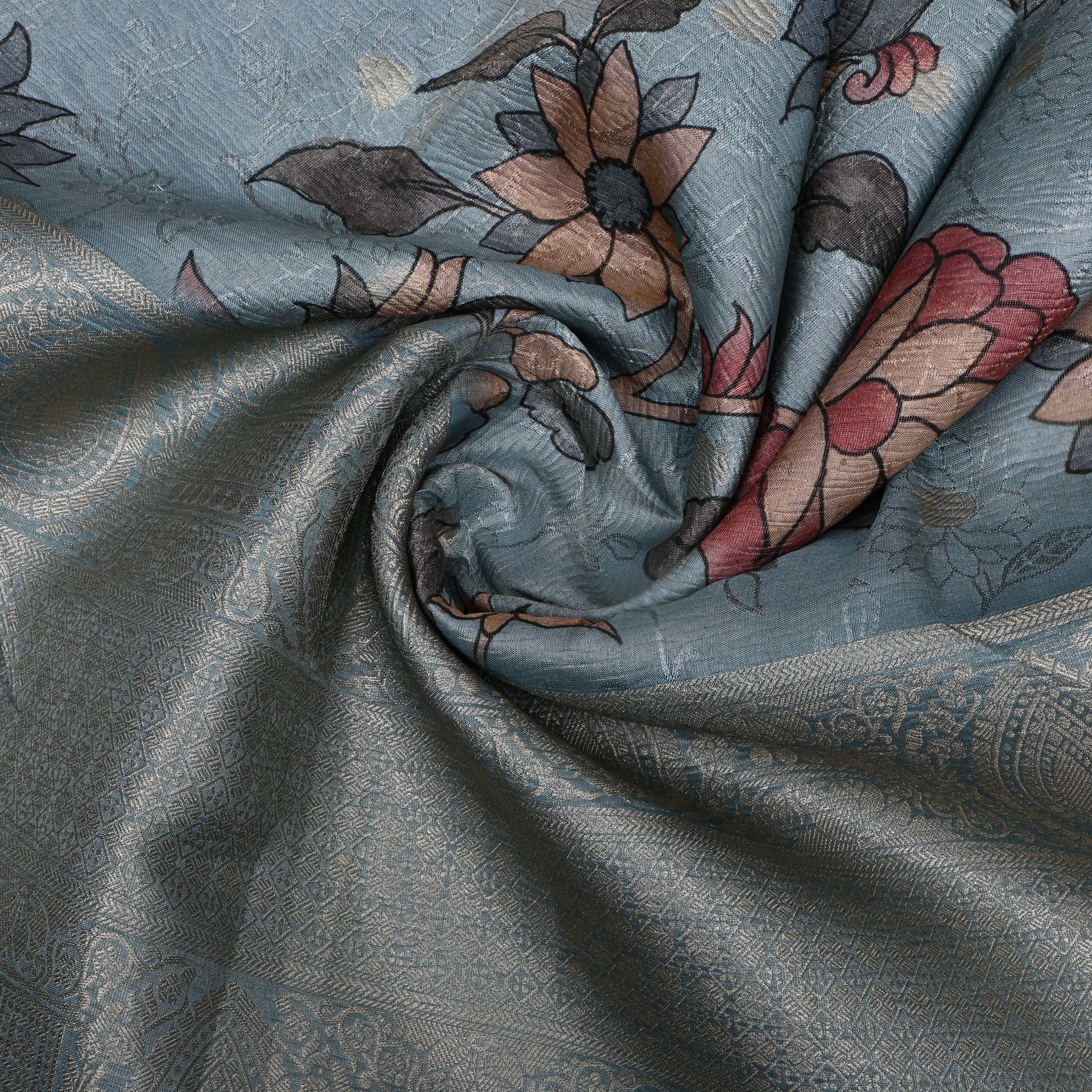 Light Turquoise Floral Printed Tissue Fabric