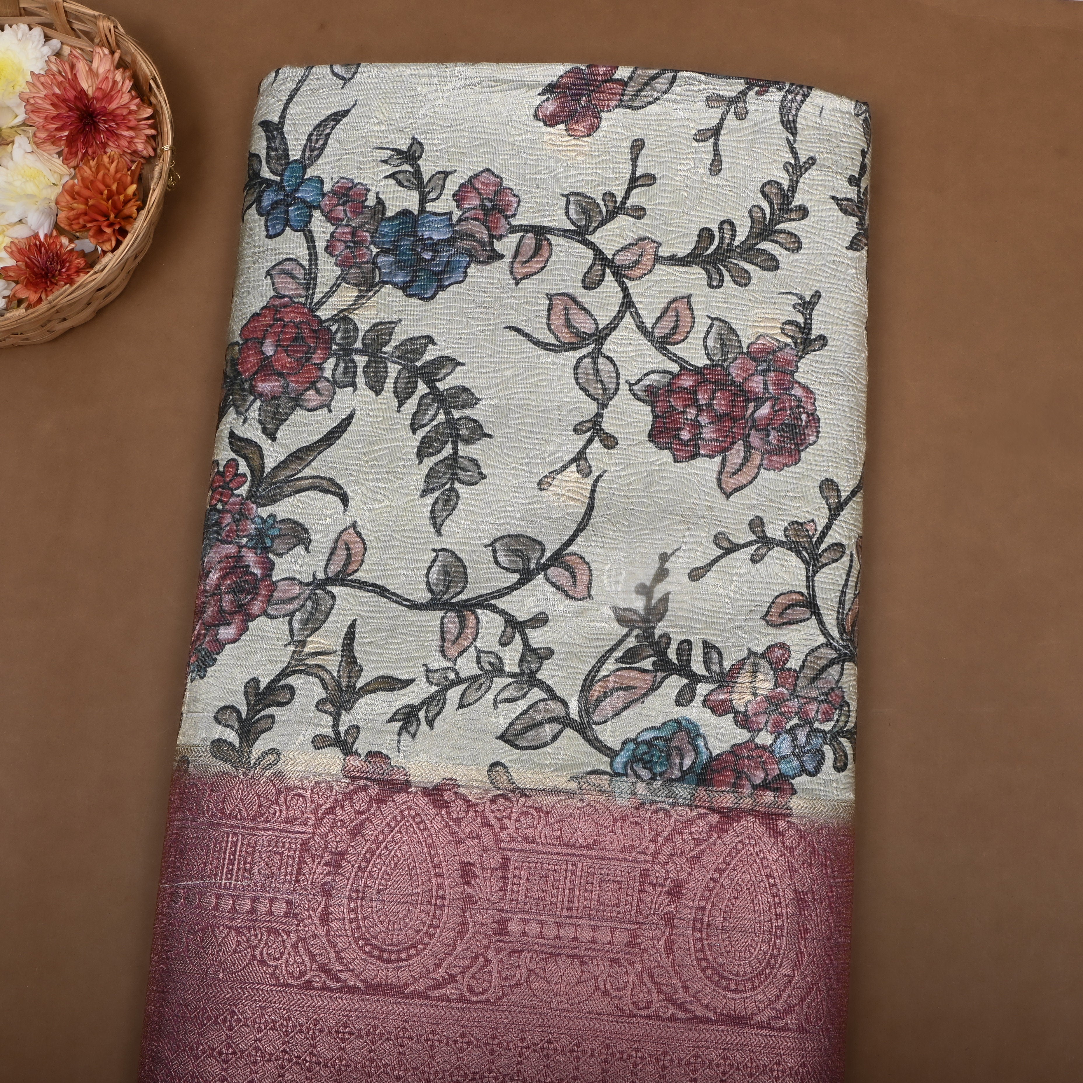 Off White Floral Printed Tissue Fabric