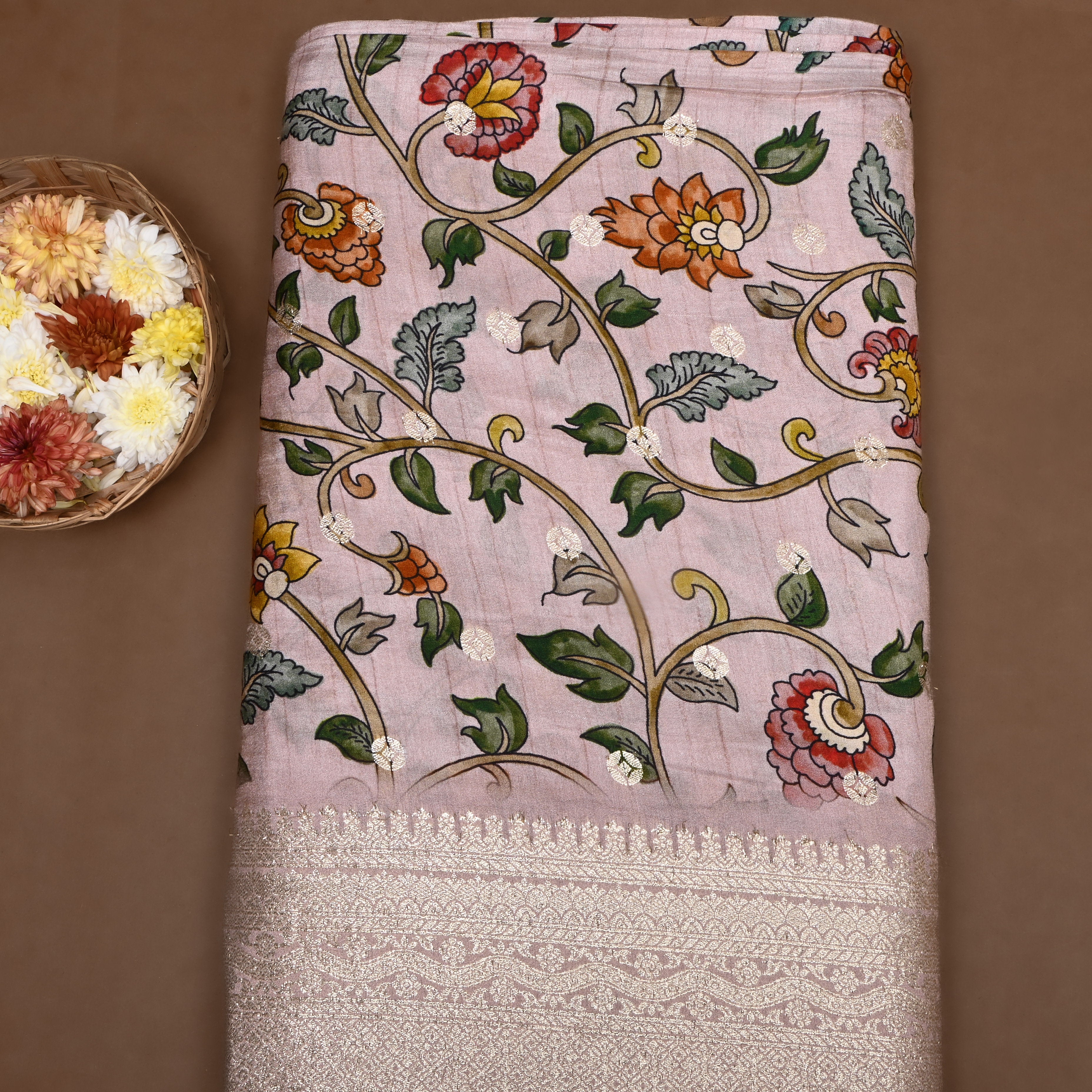 Pastel Pink Floral Printed Silk Fabric