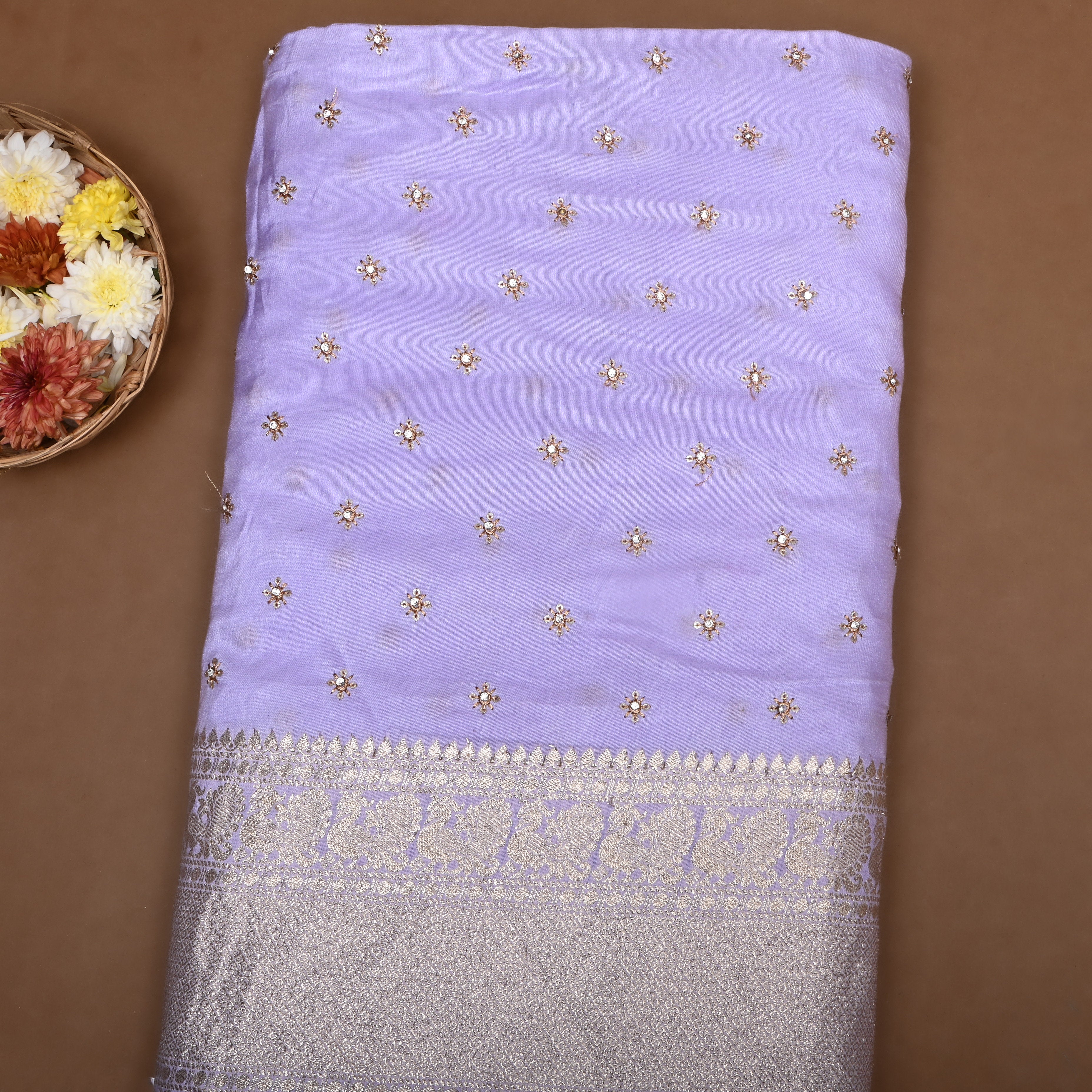 Chalk Lavender Zari Embroidered Silk Fabric