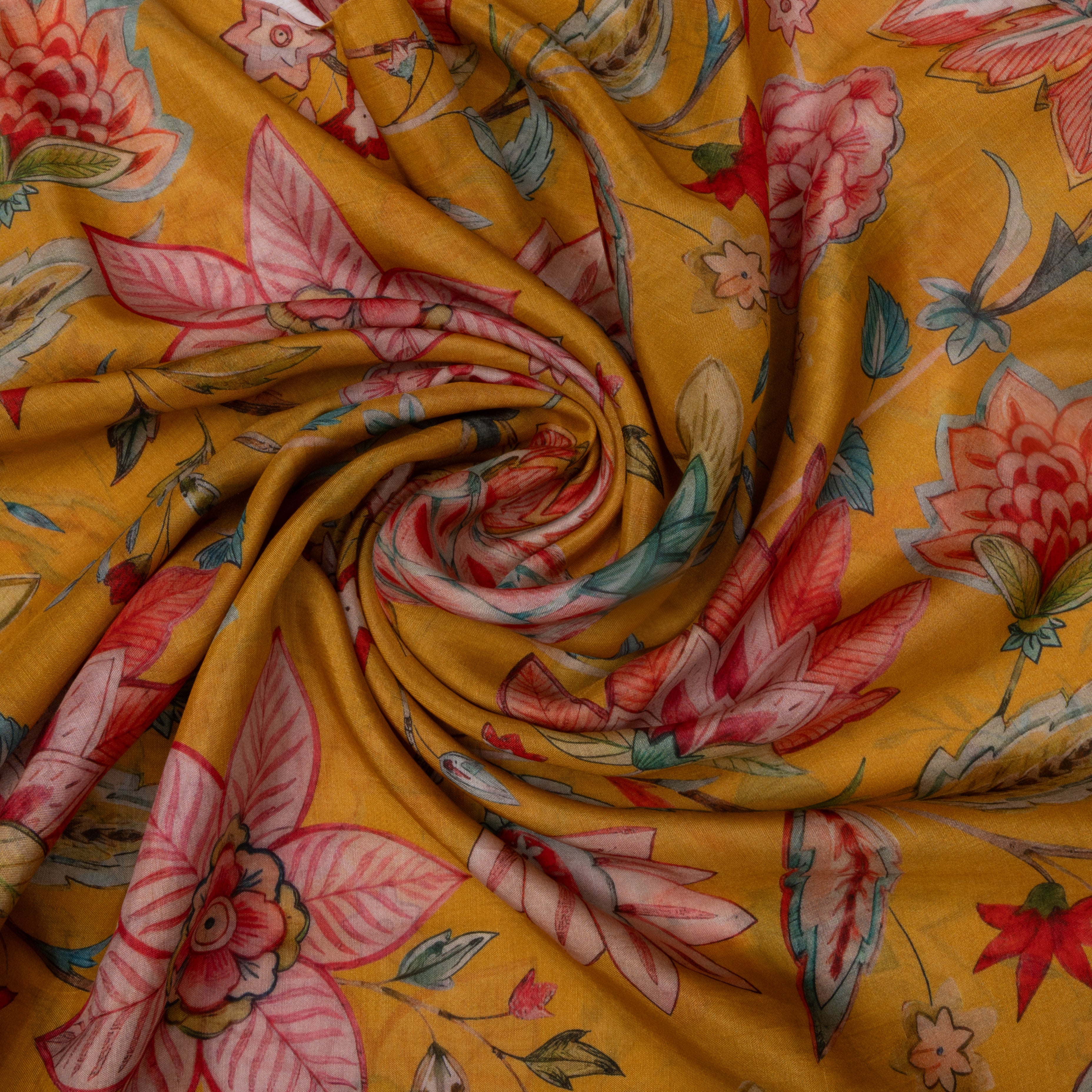 Mustard Yellow Floral Printed Silk Fabric